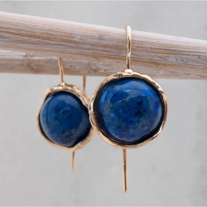 14K Rose Gold Round Blue Lapis Lazuli 12mm Dangle Earrings