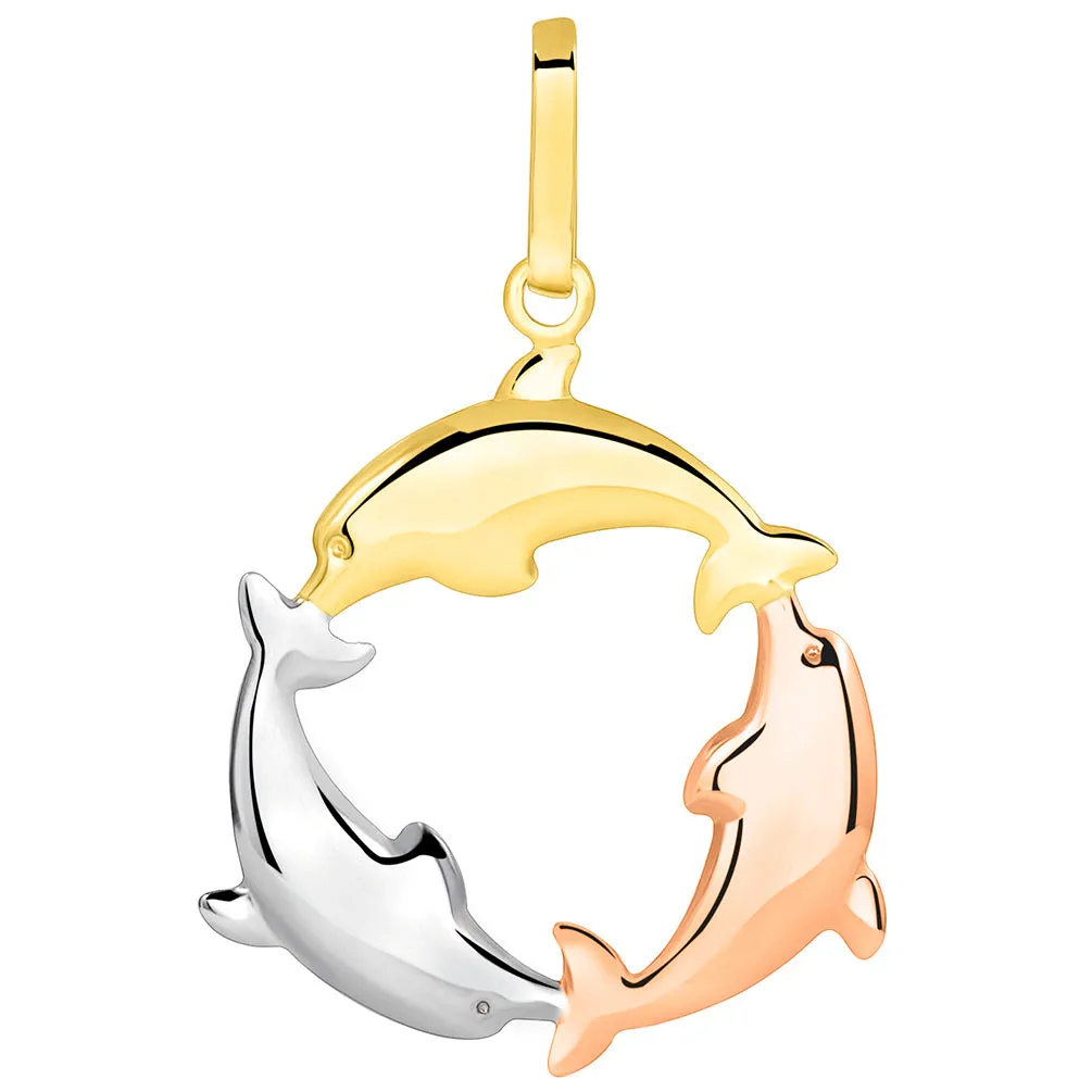 14k Tri Color Gold 3D Three Dolphins Jumping Around Circle Pendant Figaro Necklace