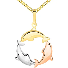 14k Tri Color Gold 3D Three Dolphins Jumping Around Circle Pendant Figaro Necklace