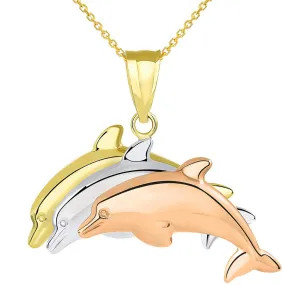 14k Tri-Color Gold 3D Three Dolphins Jumping Together Pendant Necklace