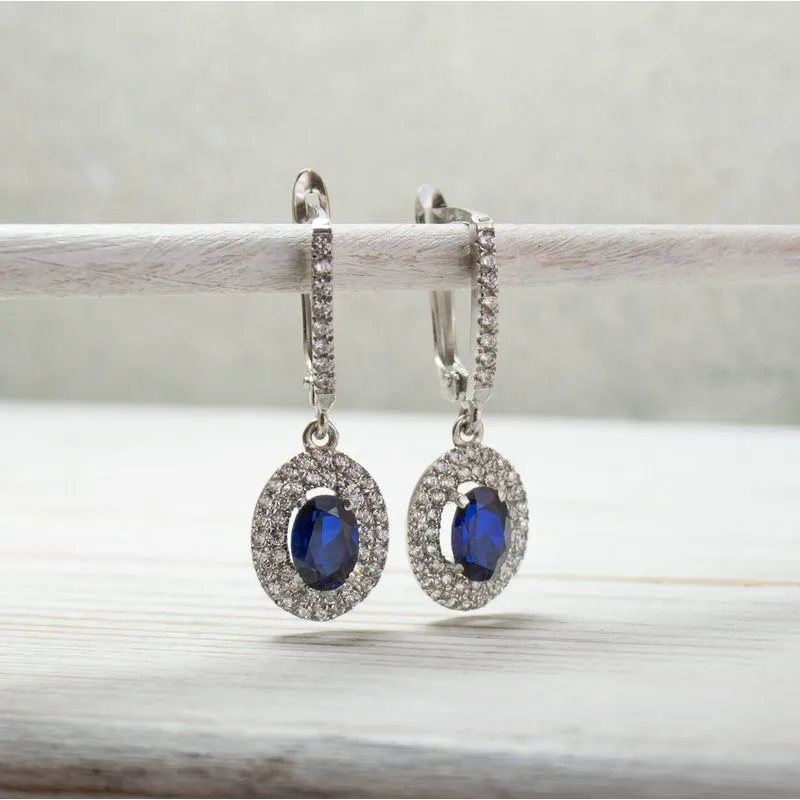 14K White Gold Oval Blue Cubic Zirconia 7X5mm Dangle Earrings