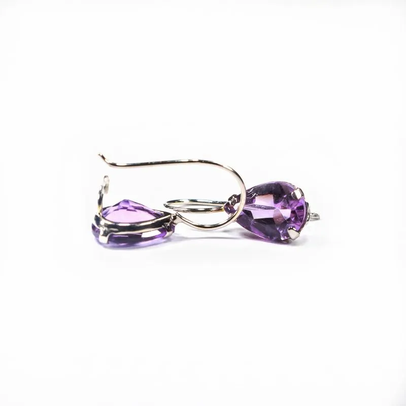 14K White Gold Teardrop Purple Amethyst 7X10mm Dangle Earrings