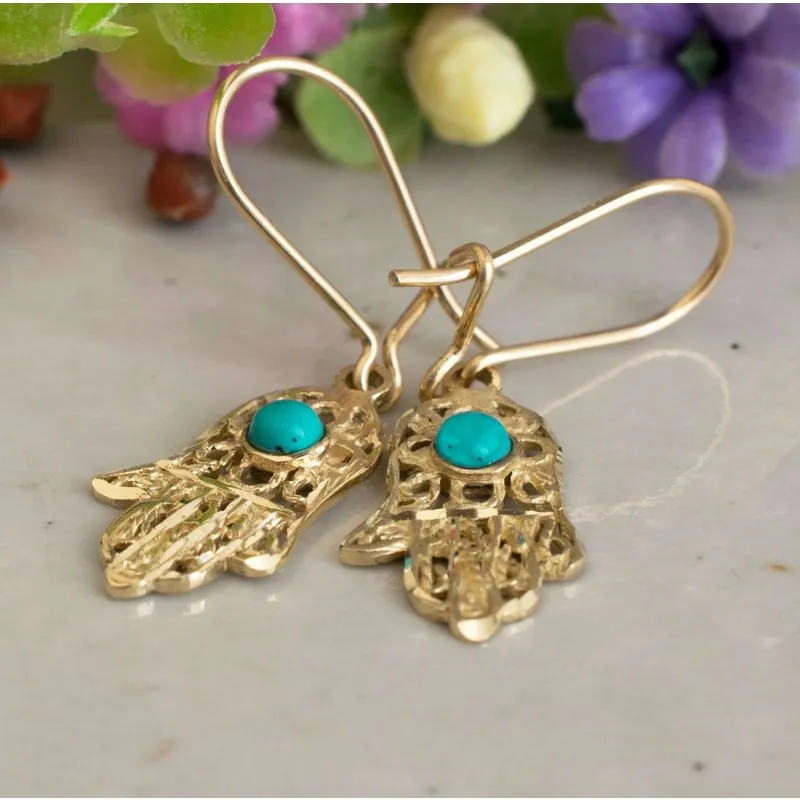 14K Yellow Gold Hamsa Turquoise 3mm Dangle Earrings