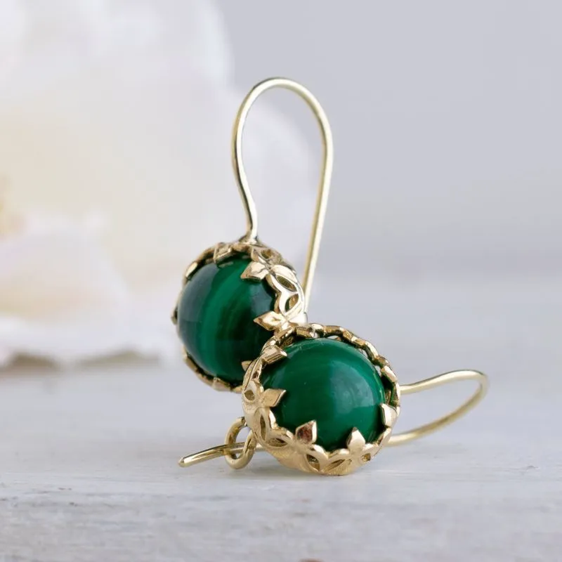 14K Yellow Gold Round Dark Green Malachite 8mm Dangle Decorate Earrings