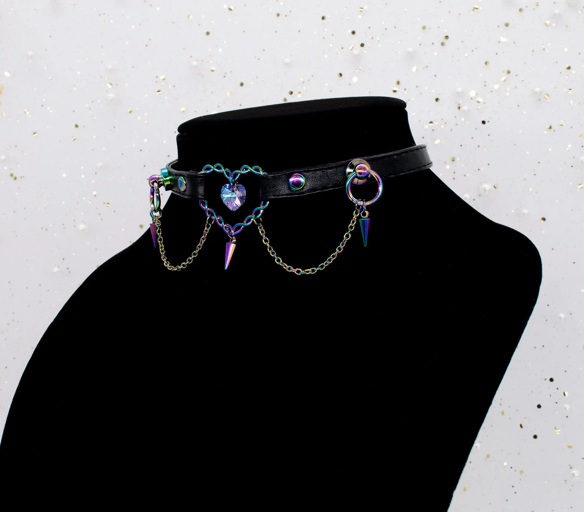 3/8" Black Vegan Leather Collar in Rainbow