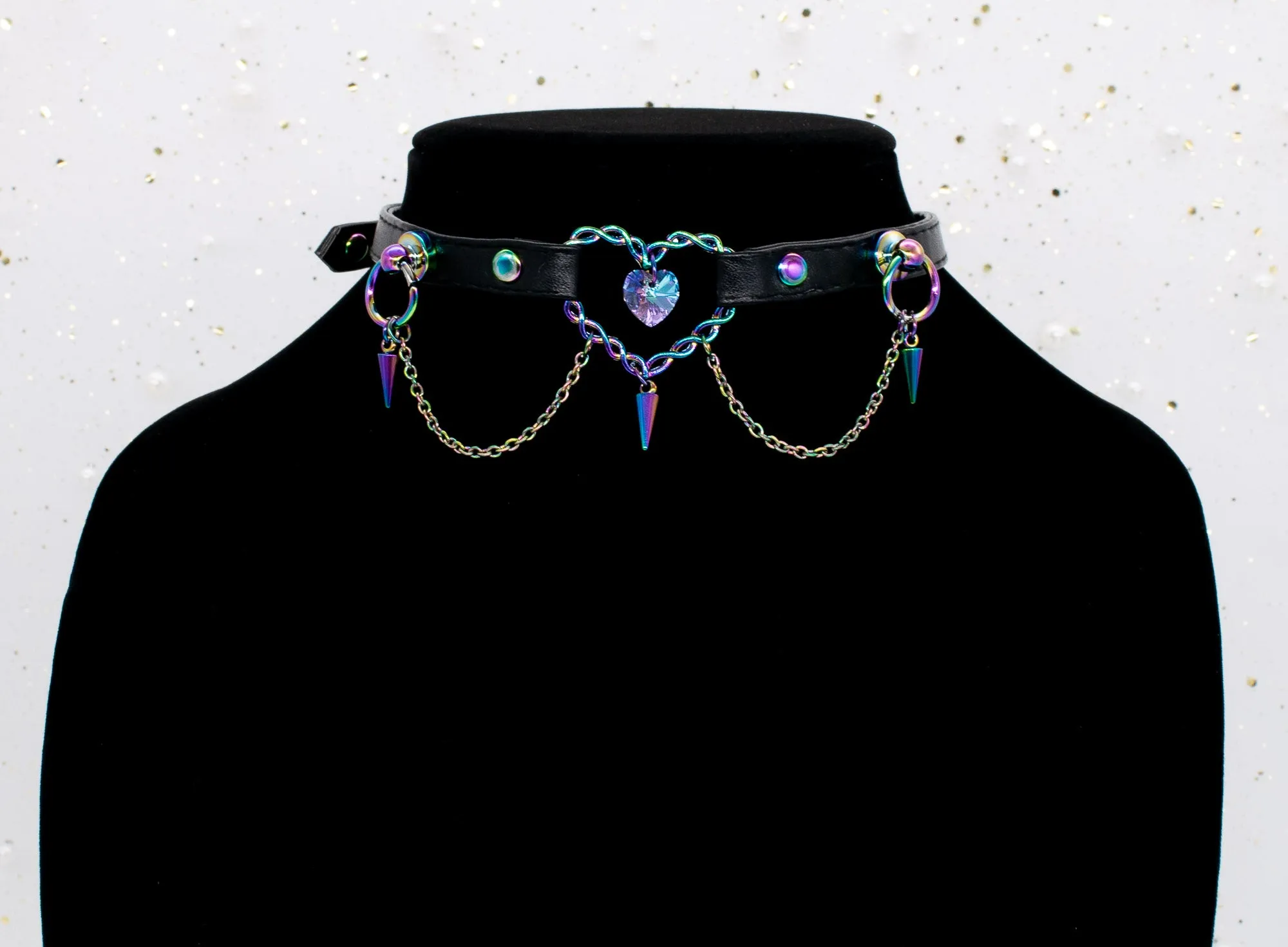 3/8" Black Vegan Leather Collar in Rainbow