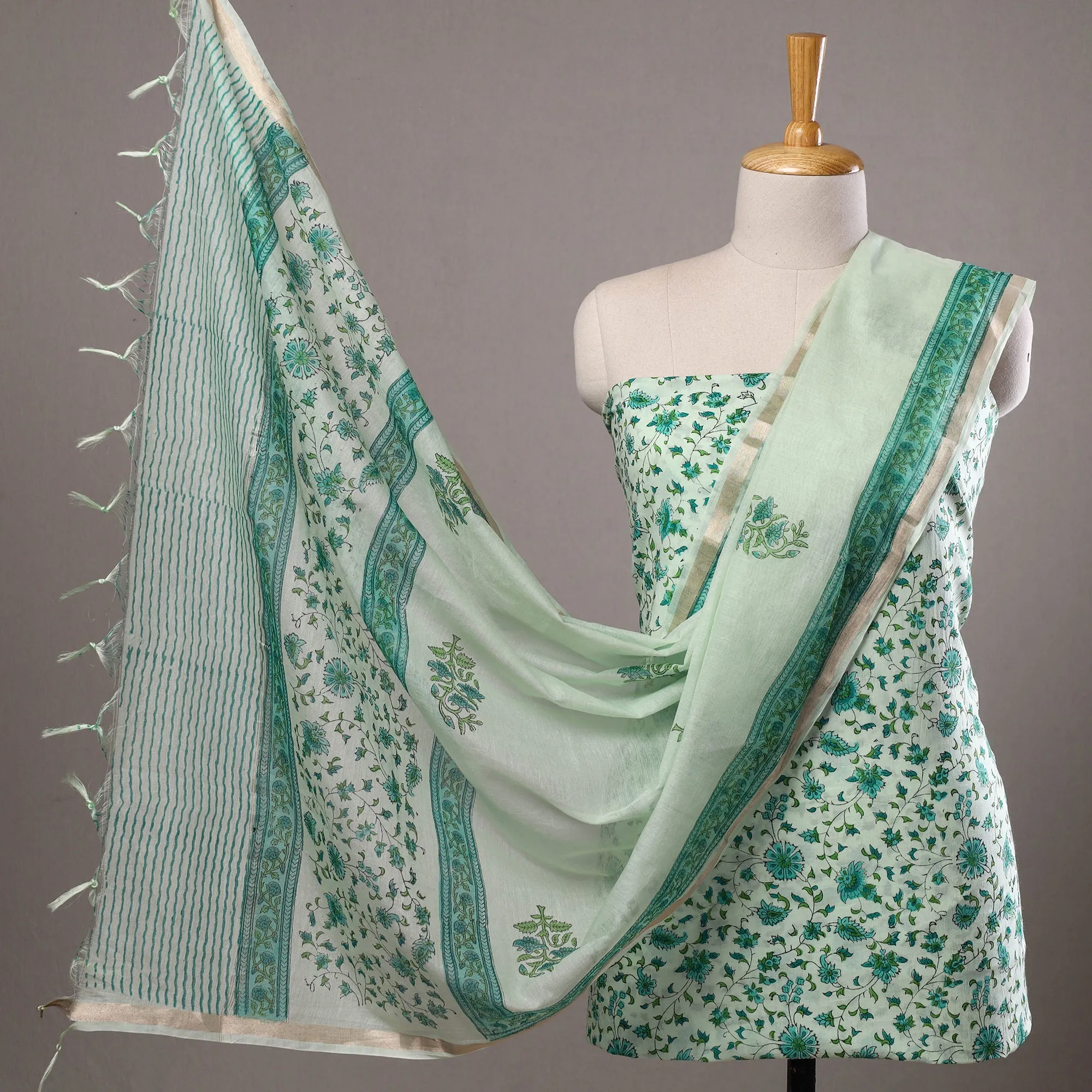 3pc Sanganeri Block Printed Cotton Suit Material with Chanderi Silk Dupatta 09