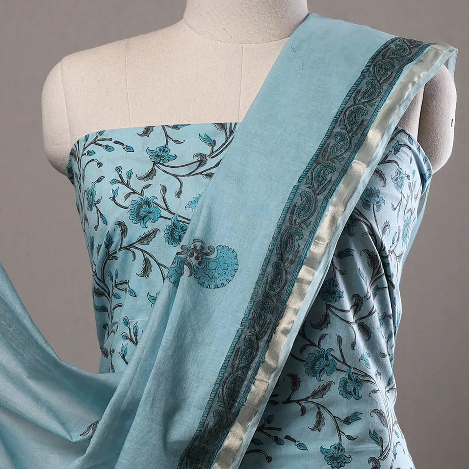 3pc Sanganeri Block Printed Cotton Suit Material with Chanderi Silk Dupatta 14