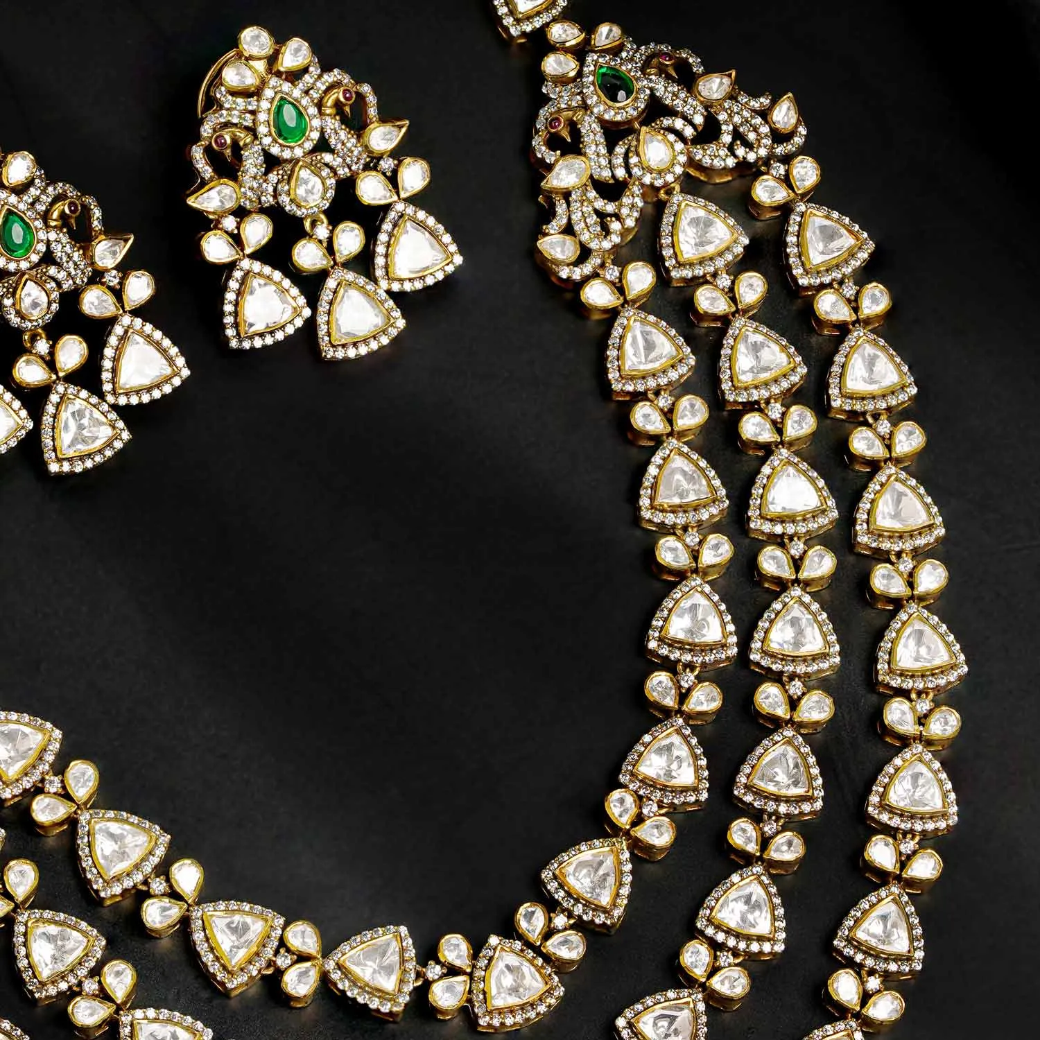 92.5 Silver 3 Layer  Moissanite  Kundan Stone Necklace with Earrings