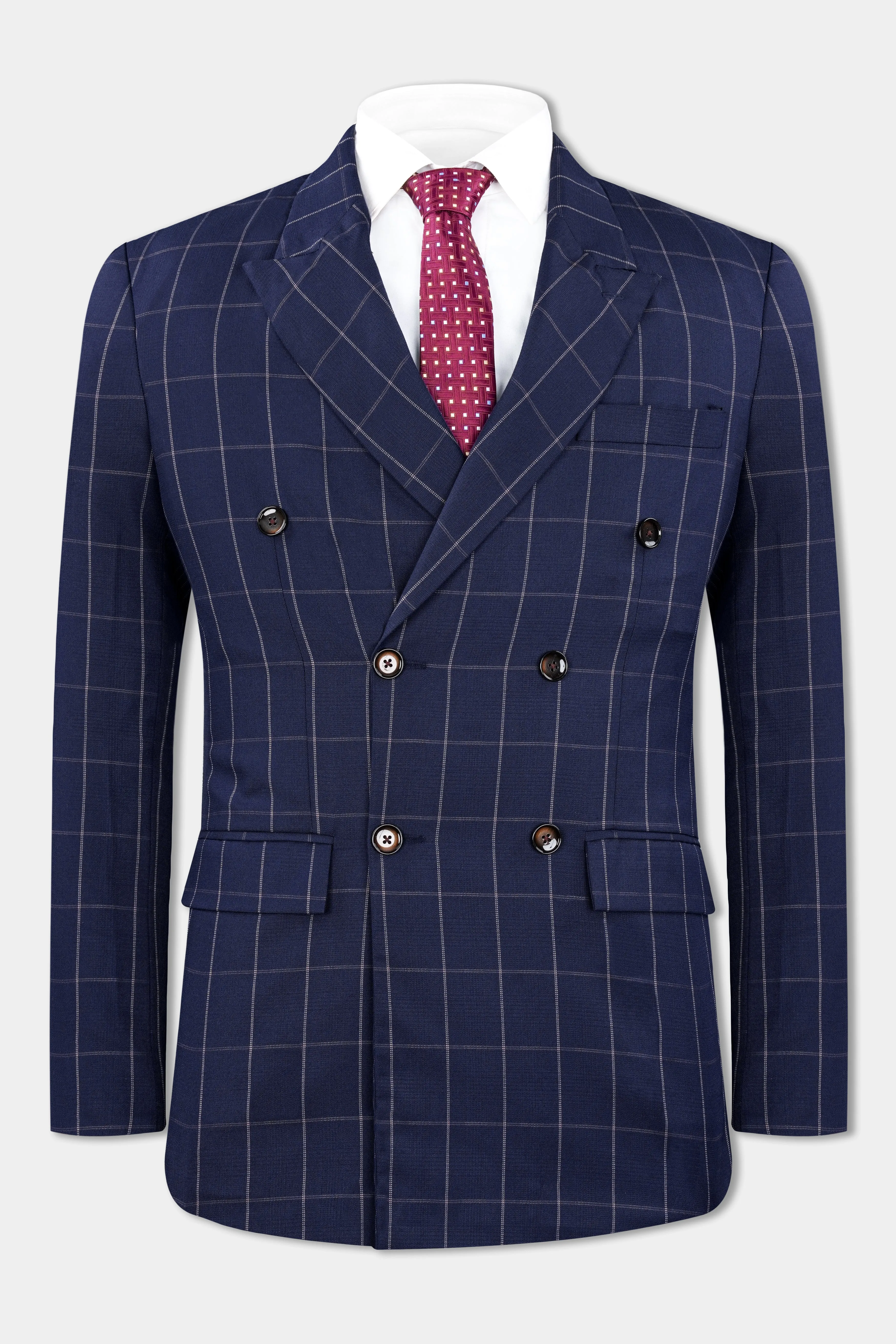 Admiral Blue Windowpane Wool Rich Double Breasted Blazer