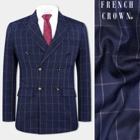 Admiral Blue Windowpane Wool Rich Double Breasted Blazer