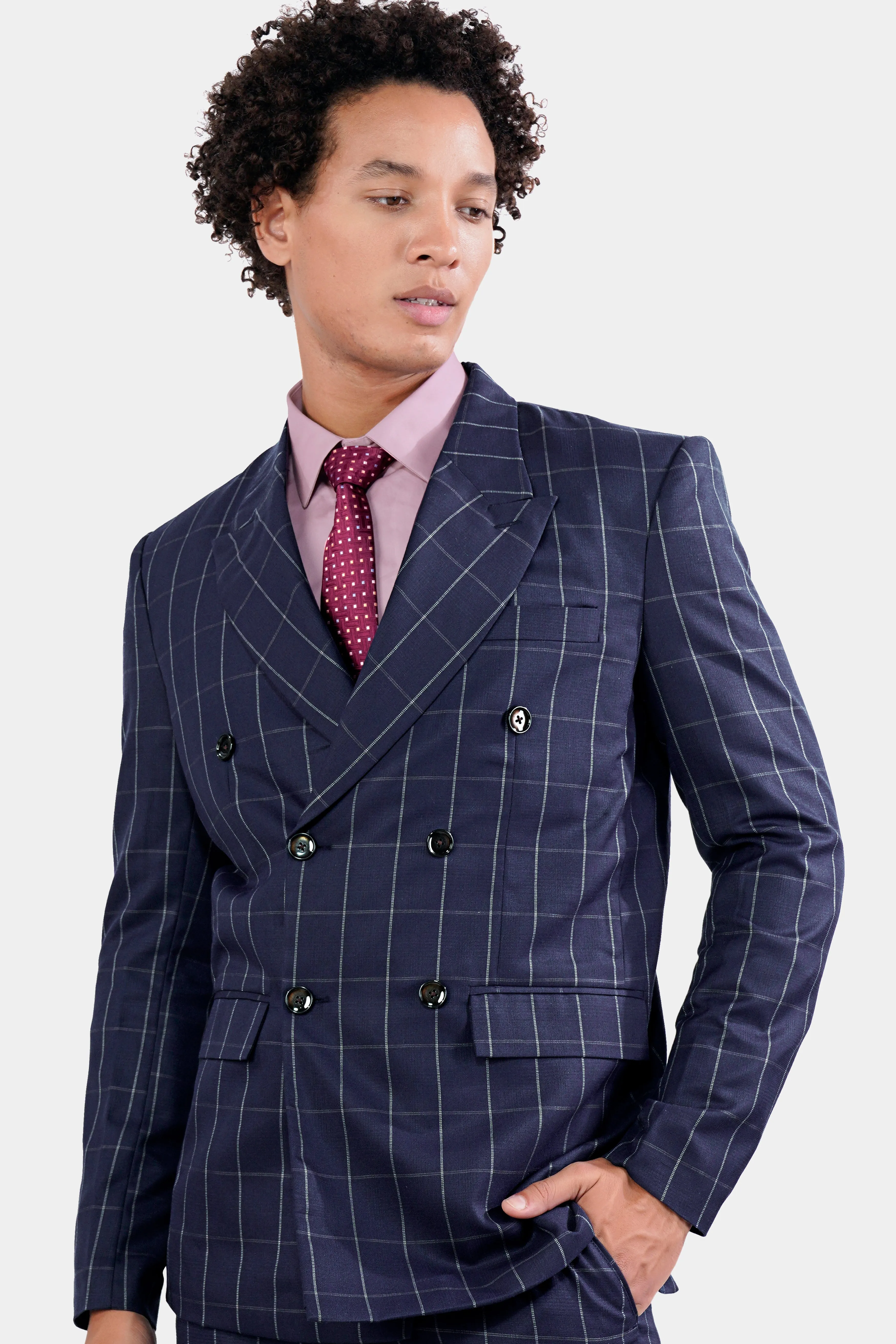 Admiral Blue Windowpane Wool Rich Double Breasted Blazer