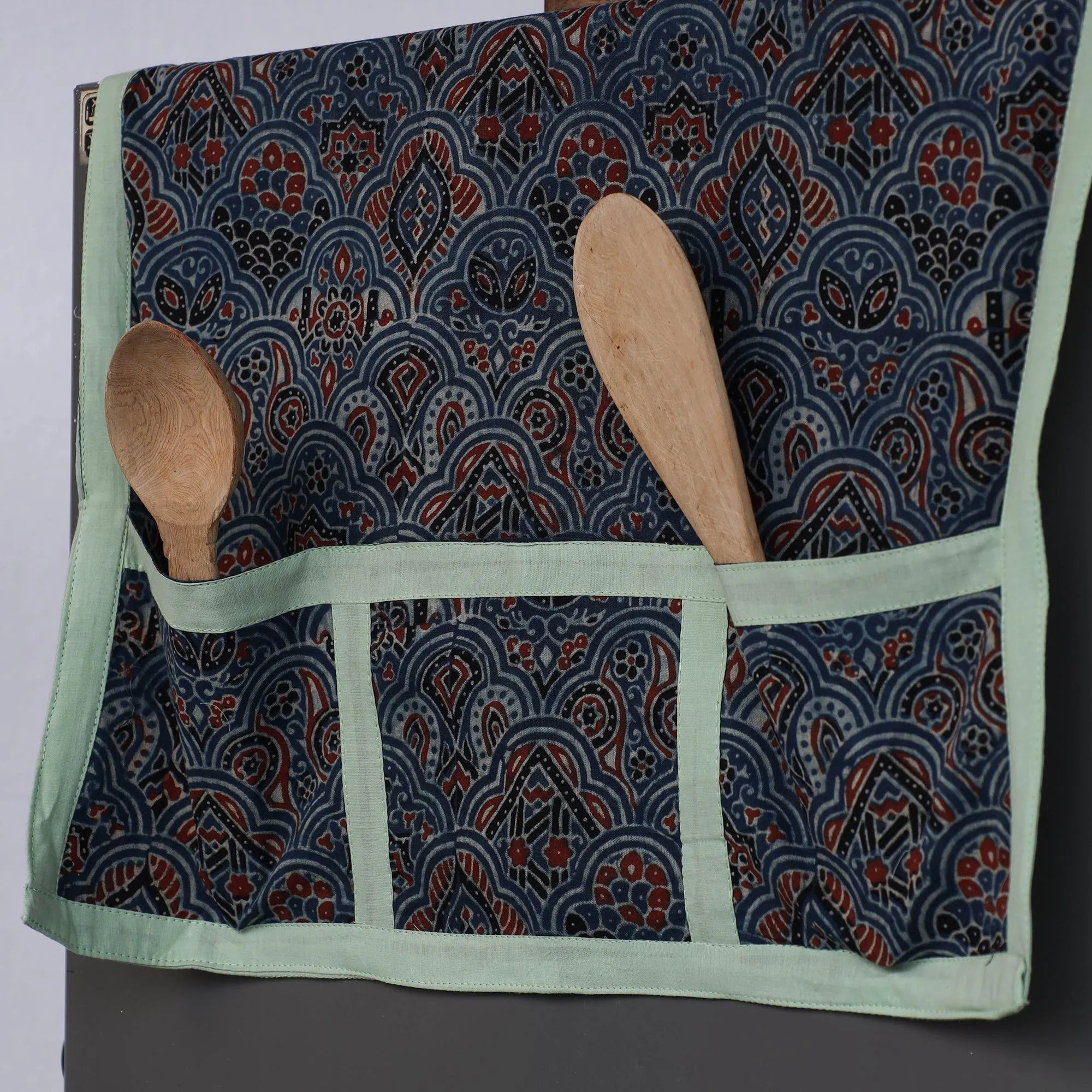 Ajrakh Block Printed Cotton Fridge Top Cover with Multiple Pockets