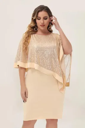 Apricot Sequined Capelet Decorated Scoop Neck Bodycon Dress