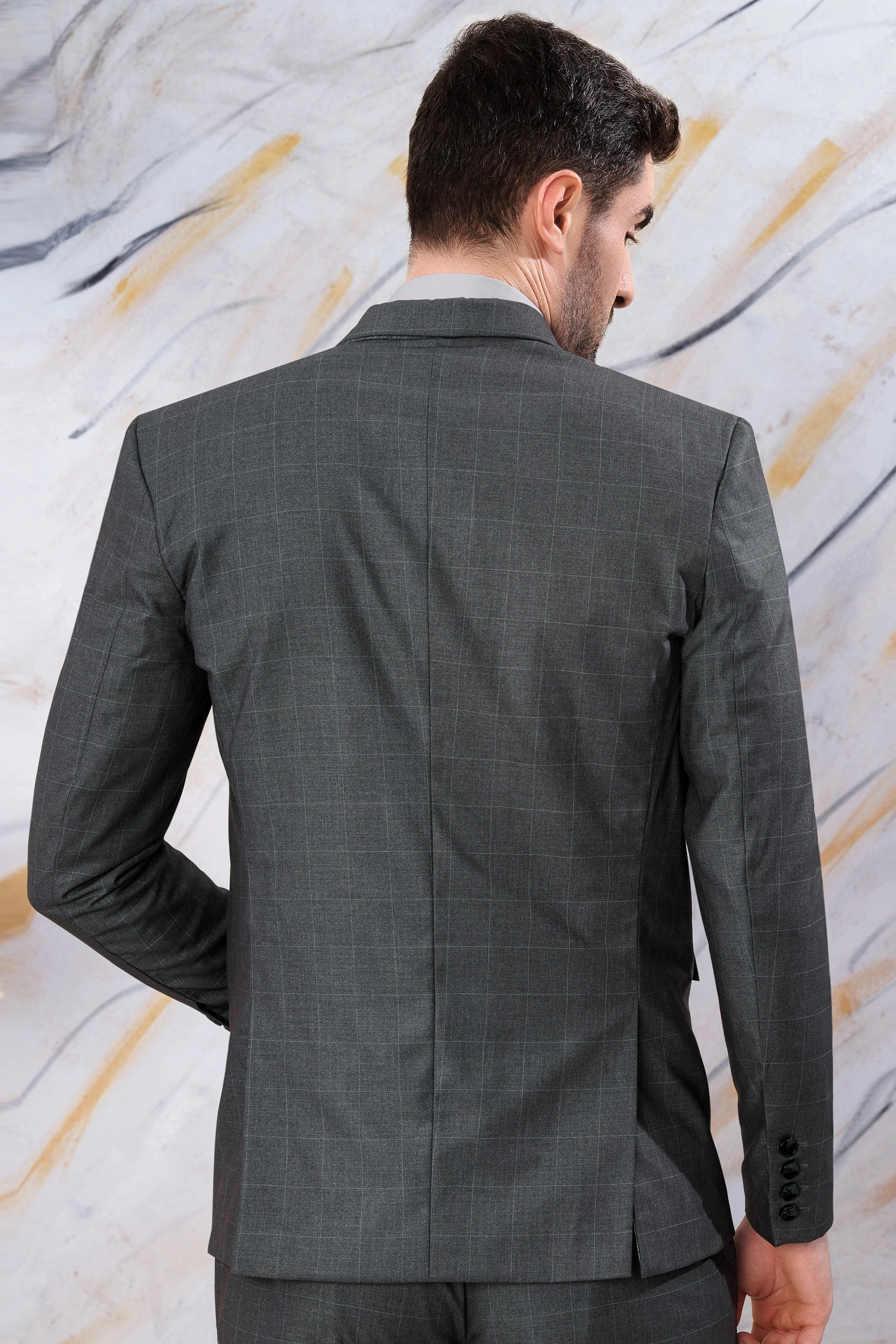 Arsenic Gray Windowpane Wool Rich Single Breasted Blazer