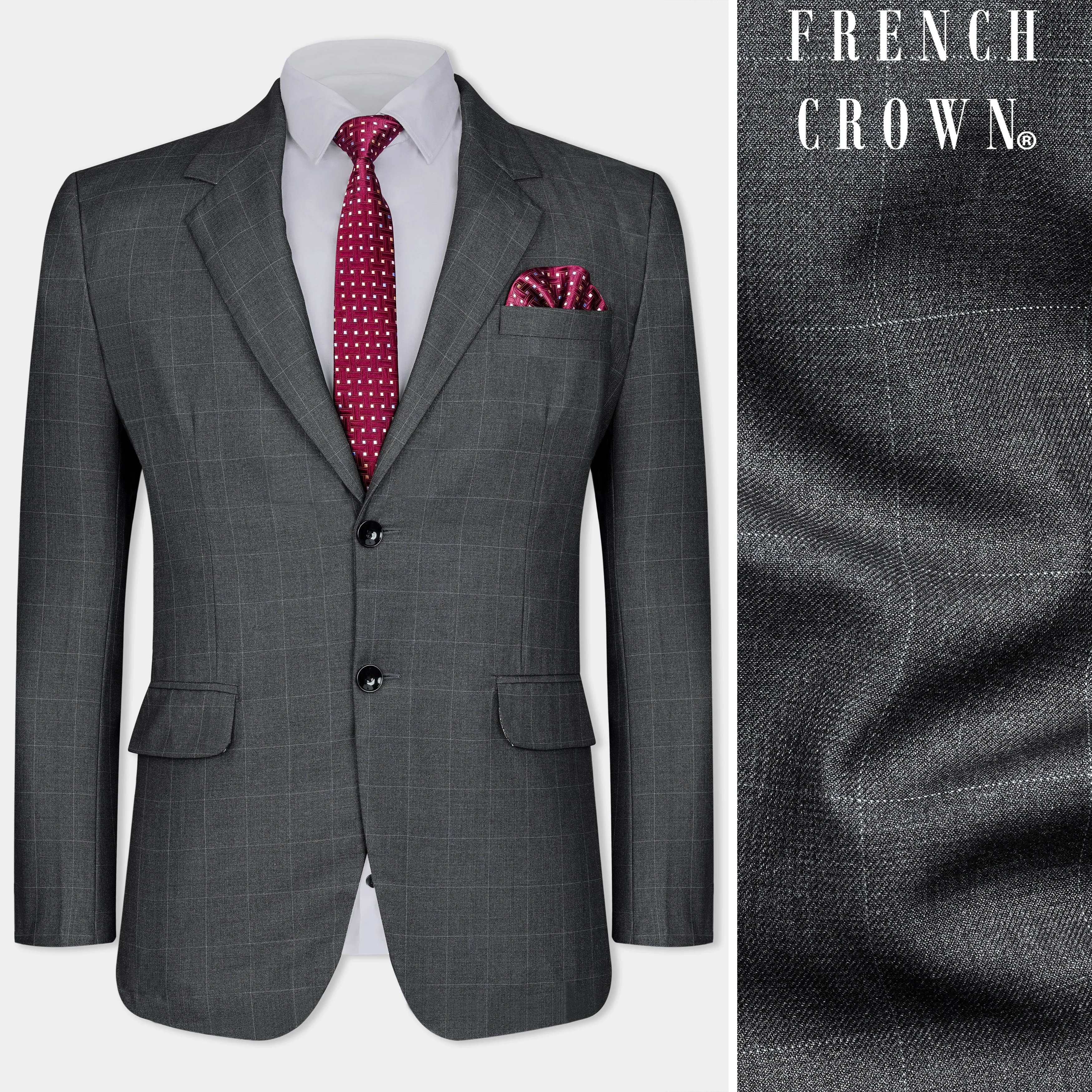 Arsenic Gray Windowpane Wool Rich Single Breasted Blazer