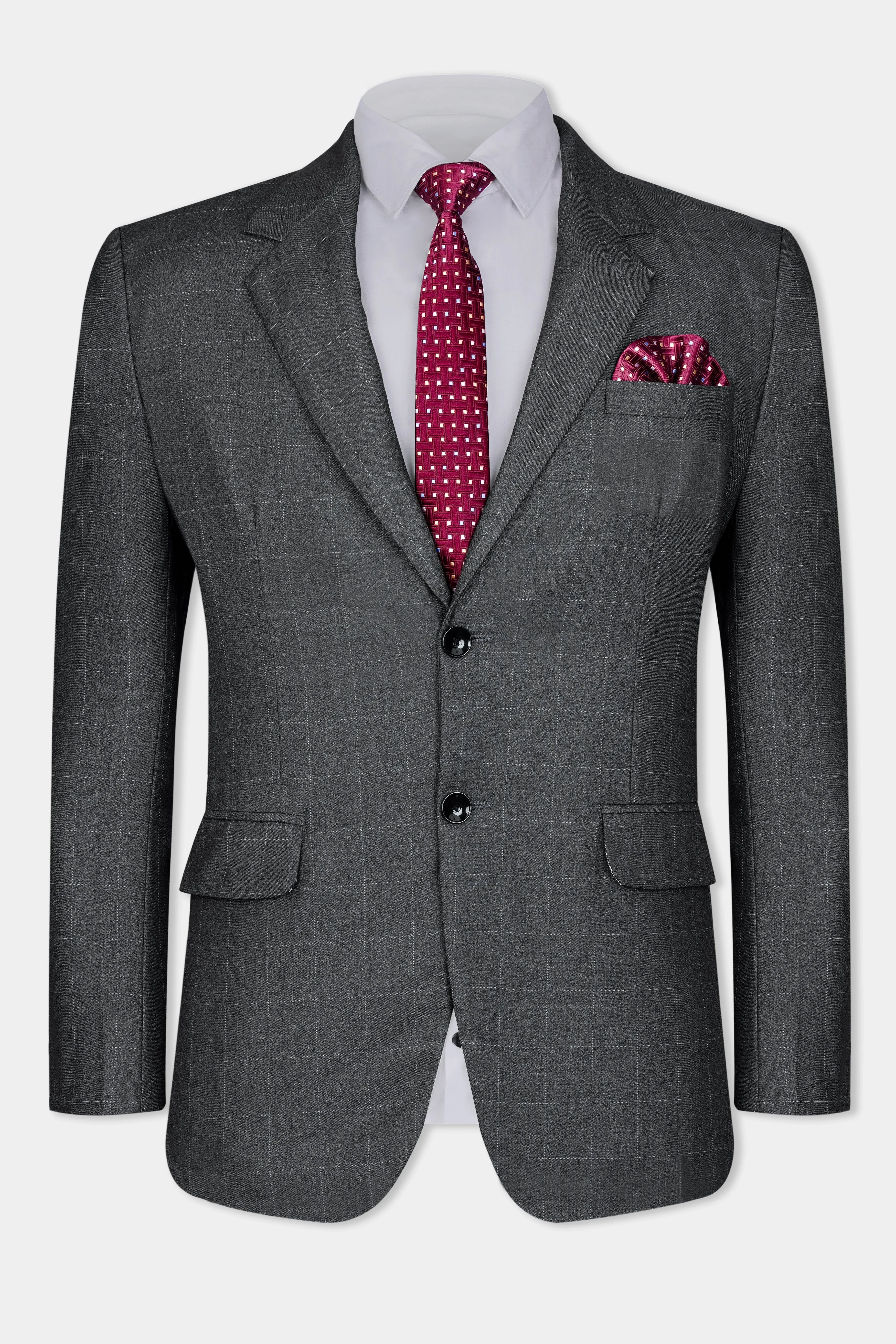 Arsenic Gray Windowpane Wool Rich Single Breasted Blazer