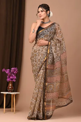 Authentic Soft Brown Traditional Kota Doriya Print Saree