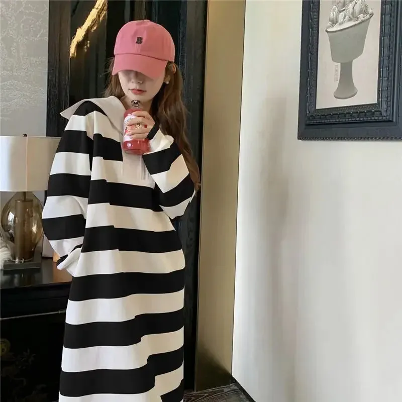 Autumn Korean Style Oversize Striped Zip Sport School Student Dress Kpop Streetwear Casual Loose Midi Dresses