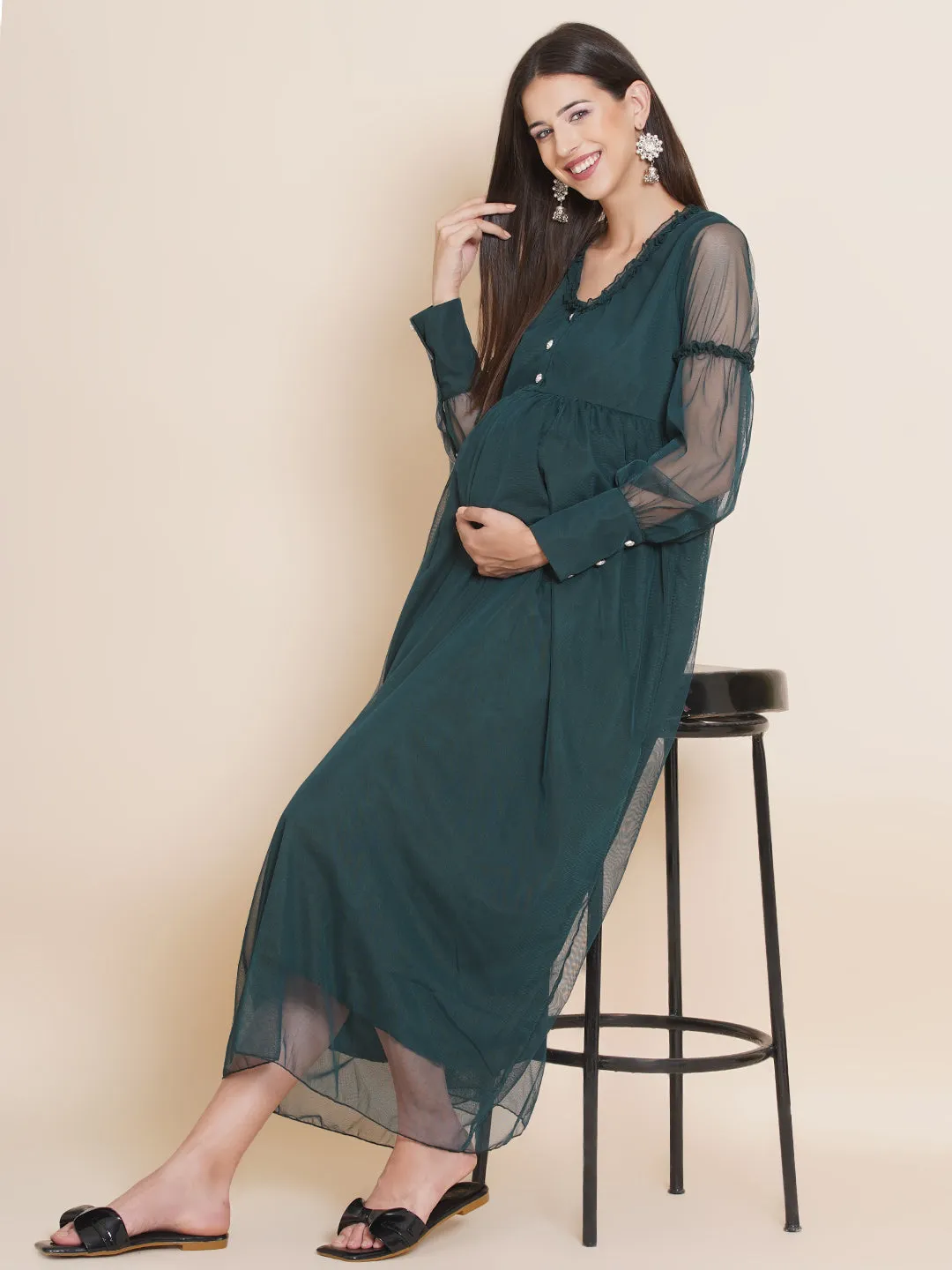 Baby Shower Solid Dark Green Color Maxi Dress