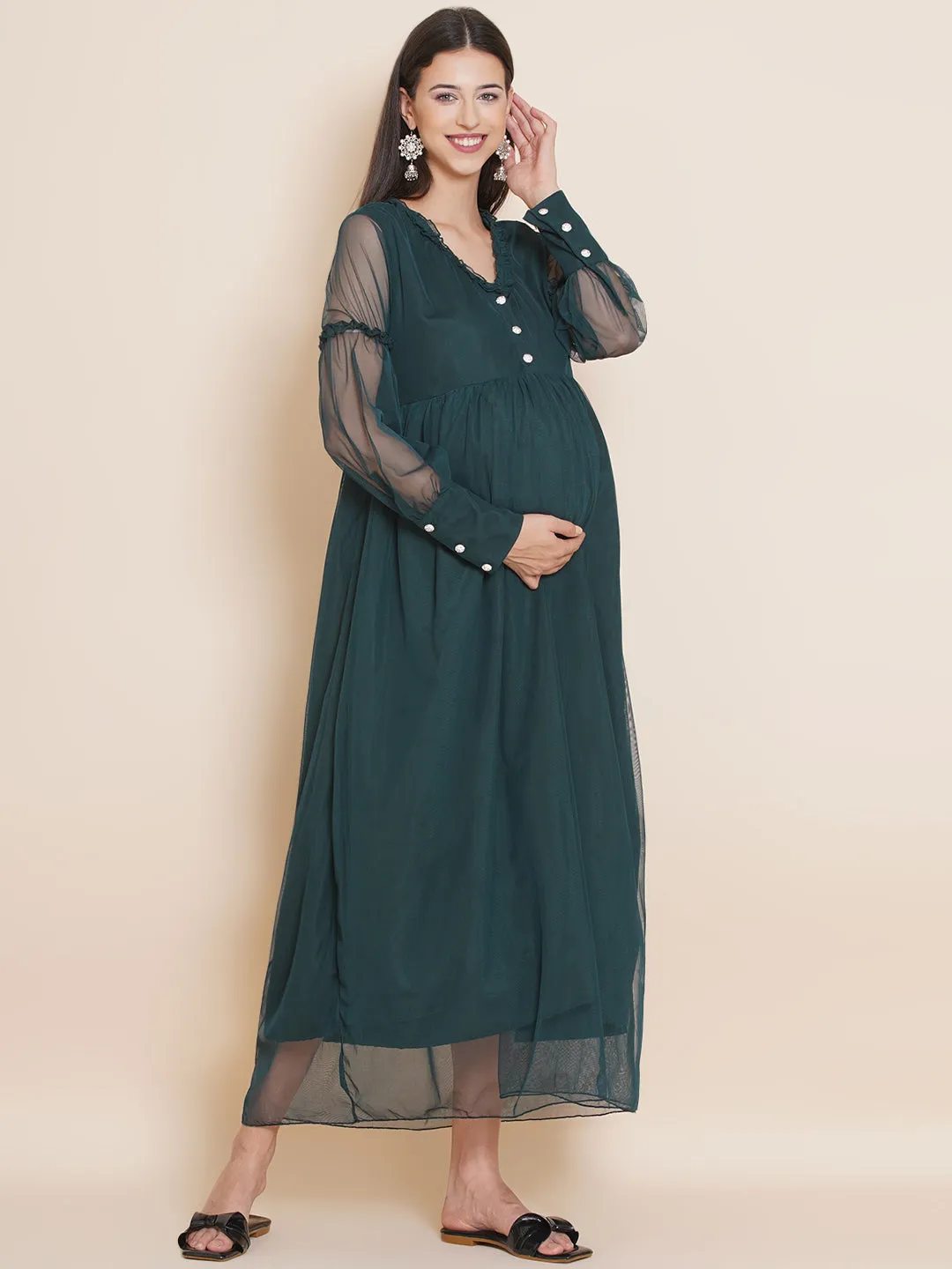 Baby Shower Solid Dark Green Color Maxi Dress