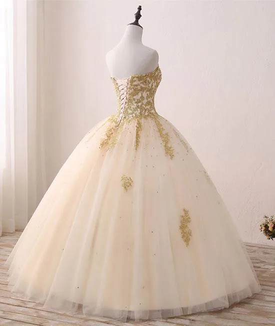 Ball Gown Gold Prom Dress Cheap Lace Tulle Prom Dress #ER201