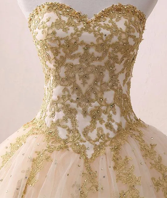 Ball Gown Gold Prom Dress Cheap Lace Tulle Prom Dress #ER201