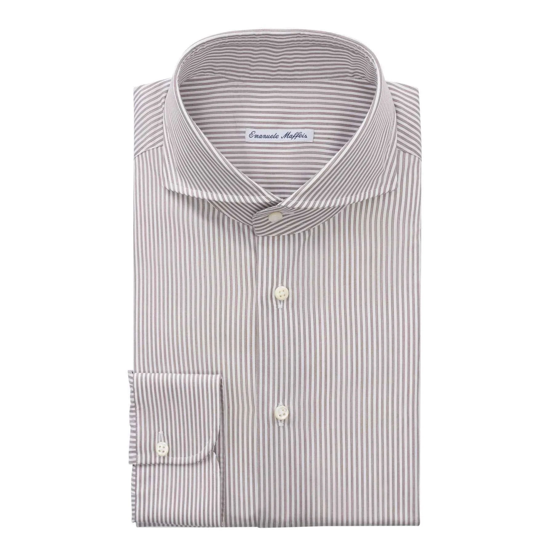 Bengal-Stripe Cotton Brown Shirt with Shark Collar