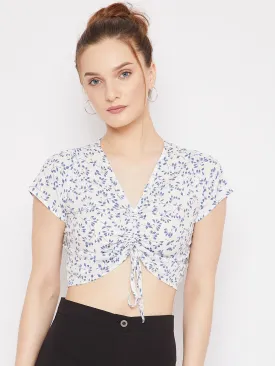 Berrylush Women White & Blue Ditsy Floral Printed V-Neck Front Drawstring Wrap Cropped Top