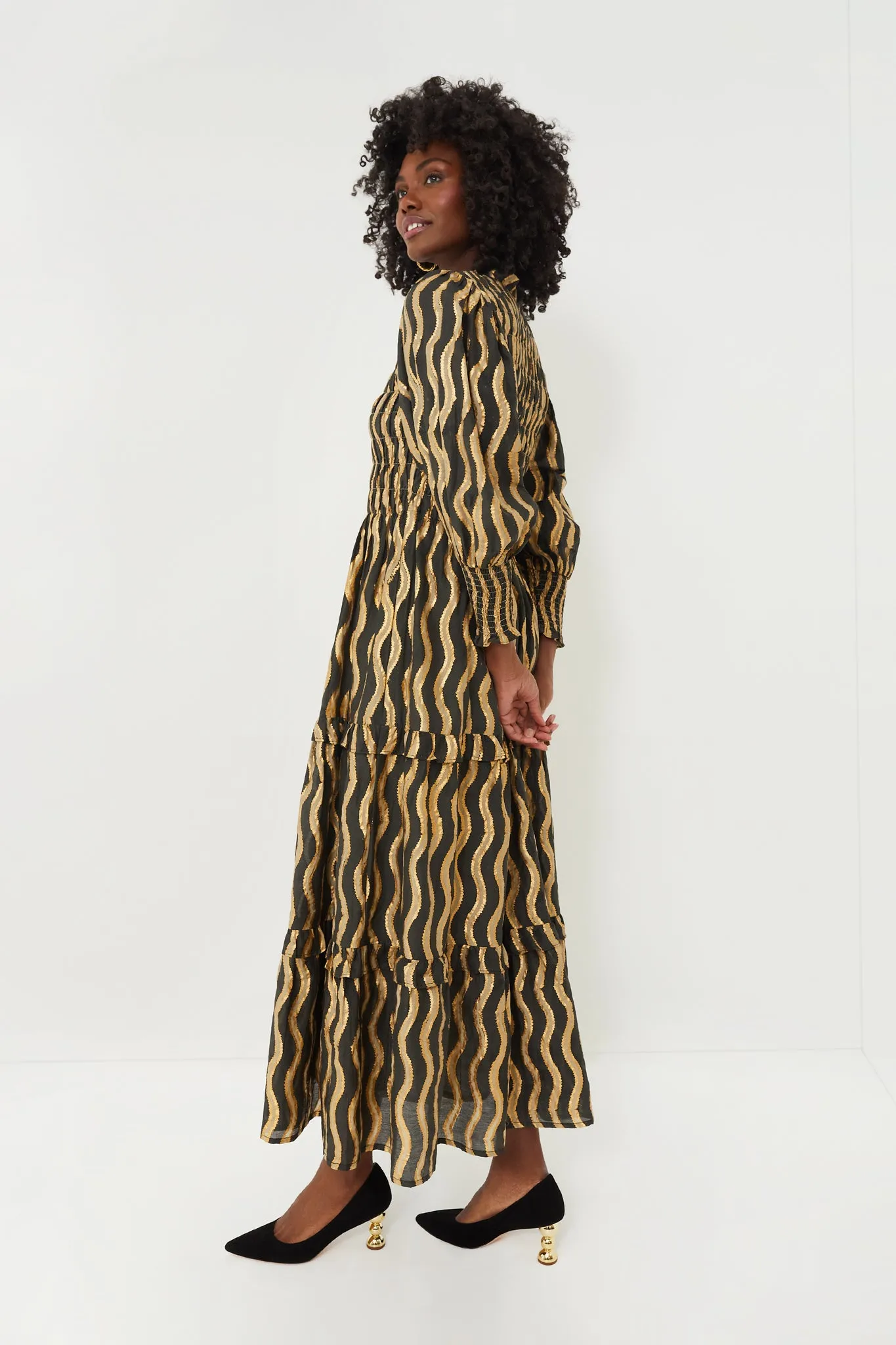 Black Ankara 3/4 Smocked Top Maxi Dress