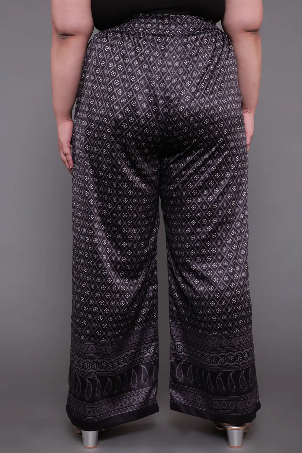 Black Luxe Ethnic Print High Waist Satin Pants