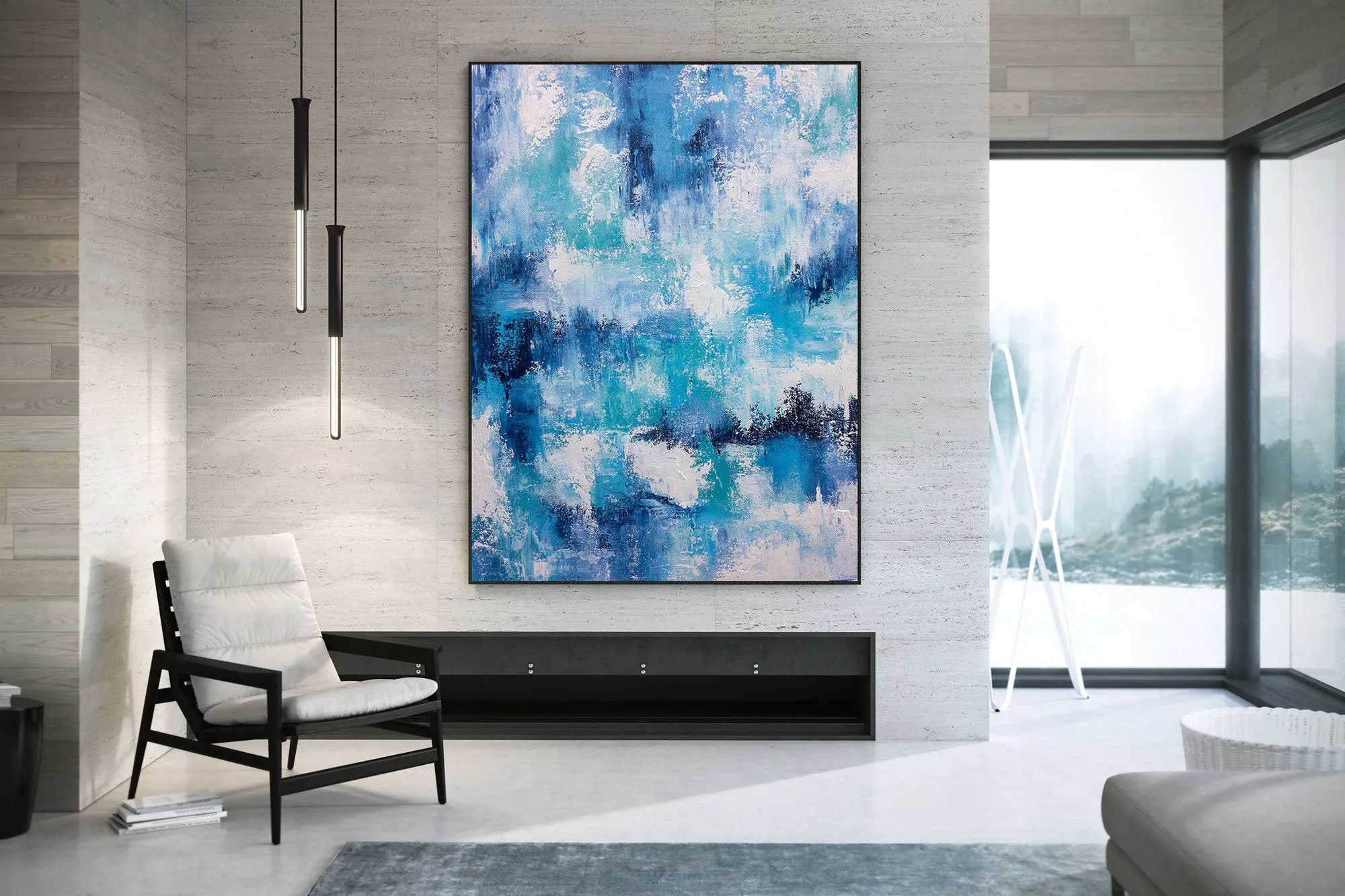 Blue And White Palette Knife Artwork Original Abstract Painting Fp027