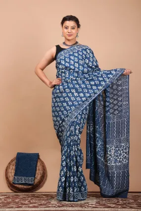 Blue Fun Hand Block Print MulMul Cotton Saree