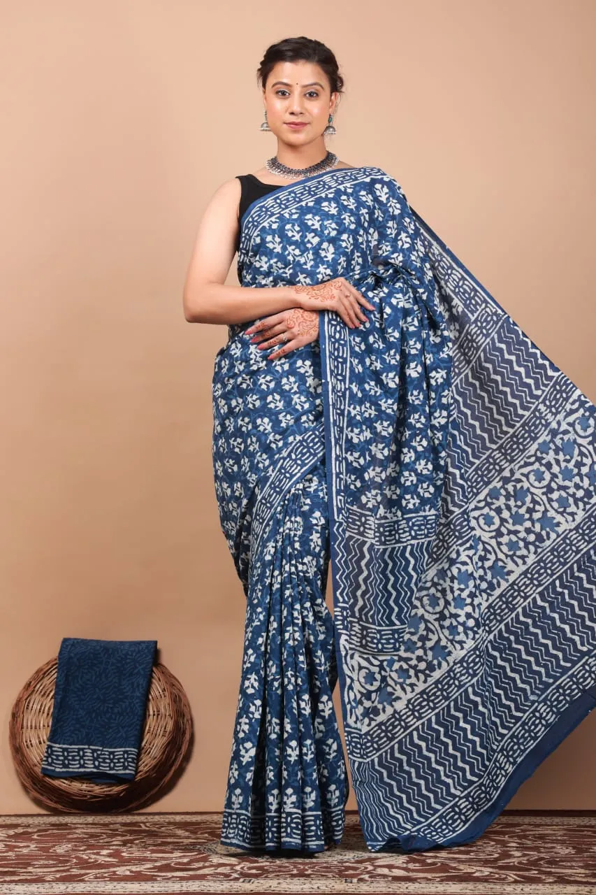 Blue Fun Hand Block Print MulMul Cotton Saree