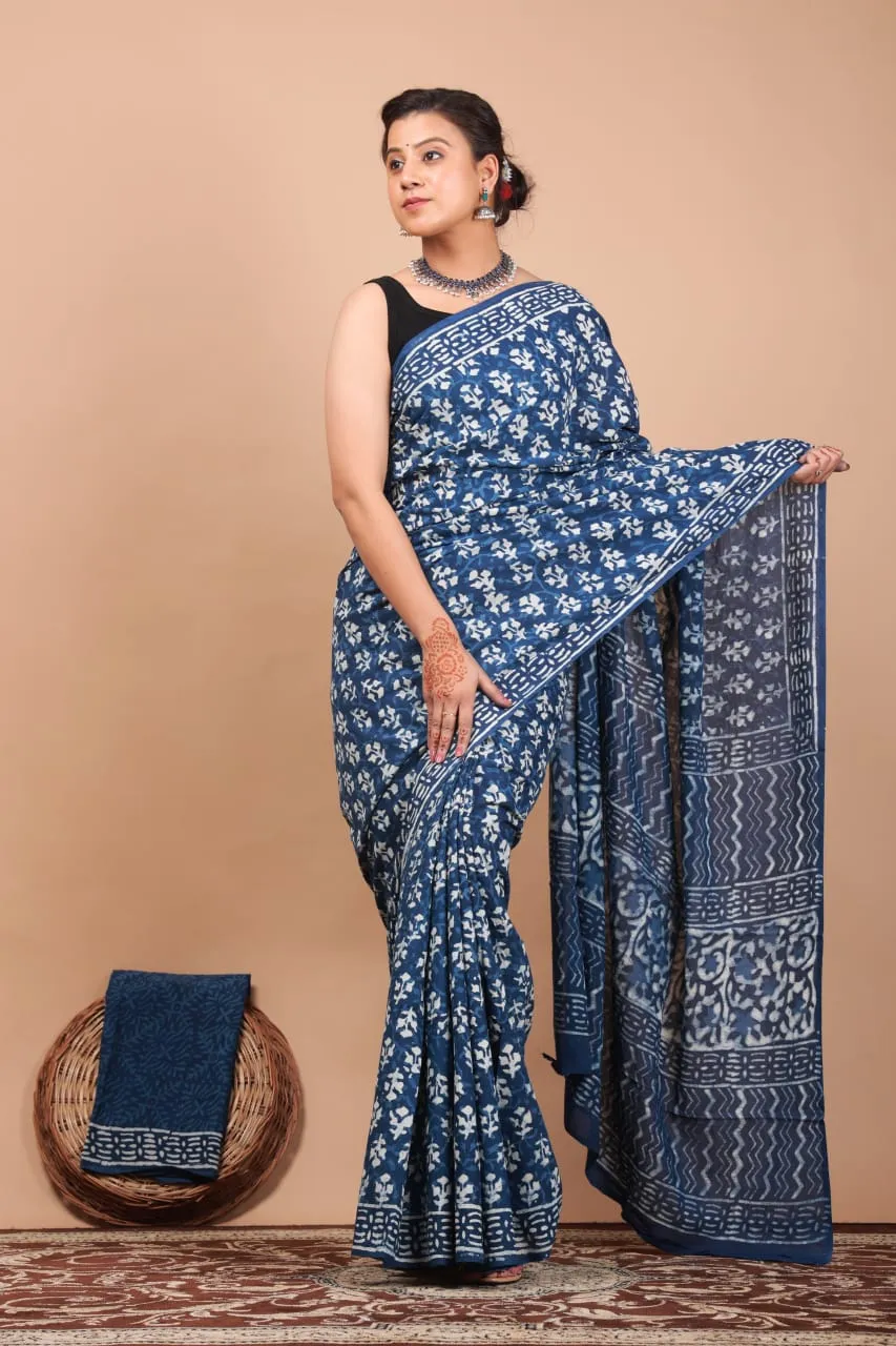 Blue Fun Hand Block Print MulMul Cotton Saree