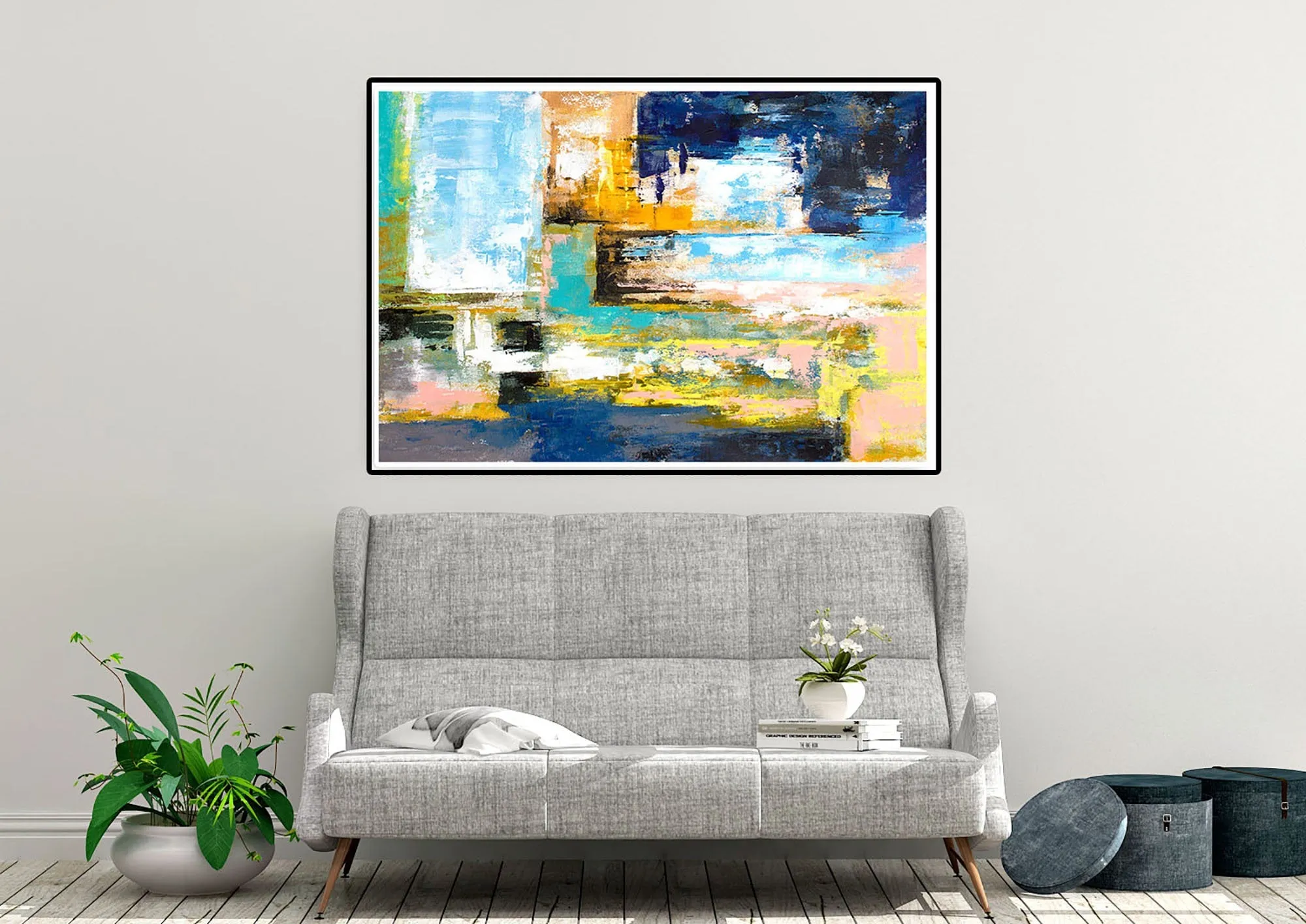 Blue White Yellow Contemporary Painting Original Abstract Art Kp078