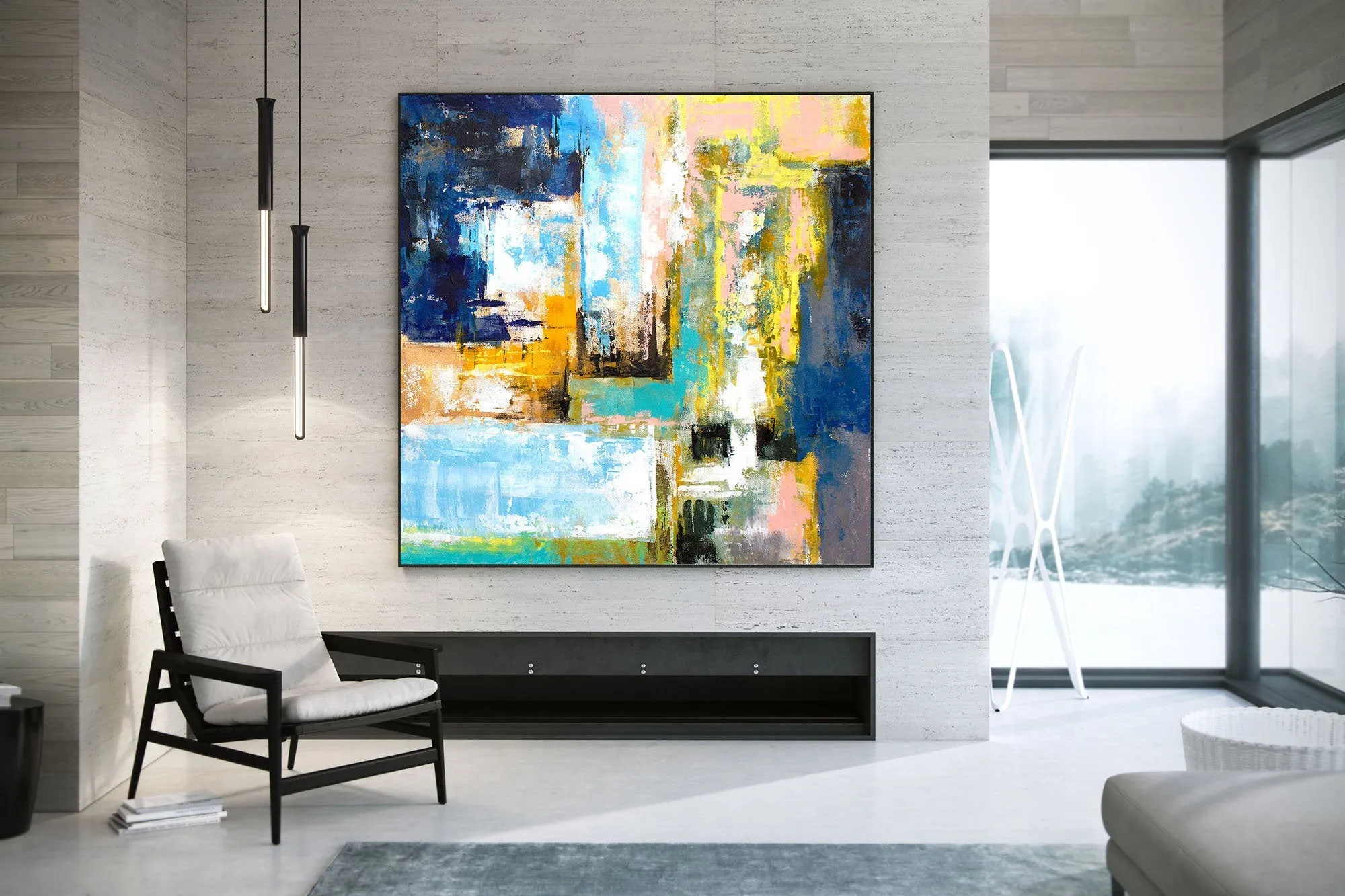 Blue White Yellow Contemporary Painting Original Abstract Art Kp078