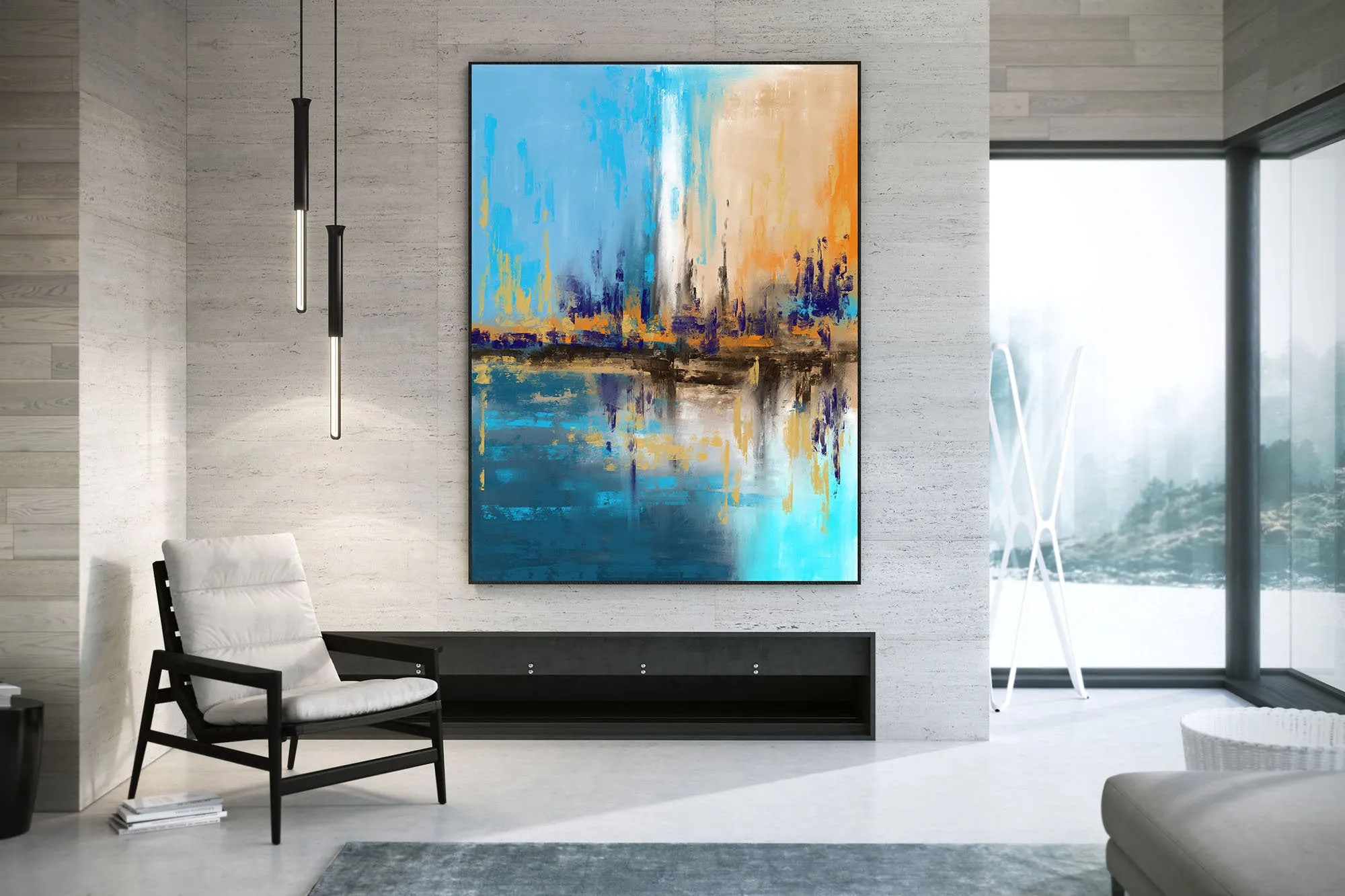 Blue Yellow Beige Palette Knife Artwork Original Abstract Painting Qp039