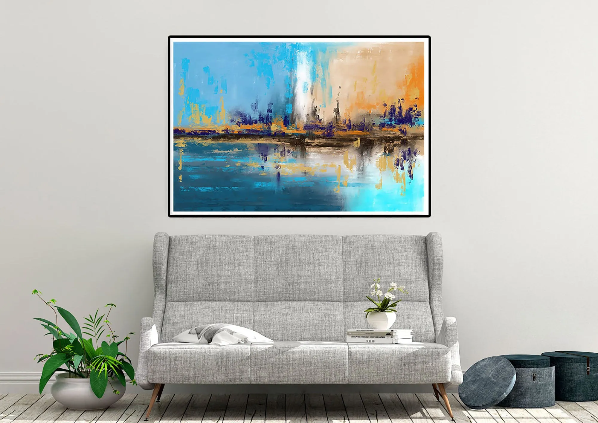 Blue Yellow Beige Palette Knife Artwork Original Abstract Painting Qp039