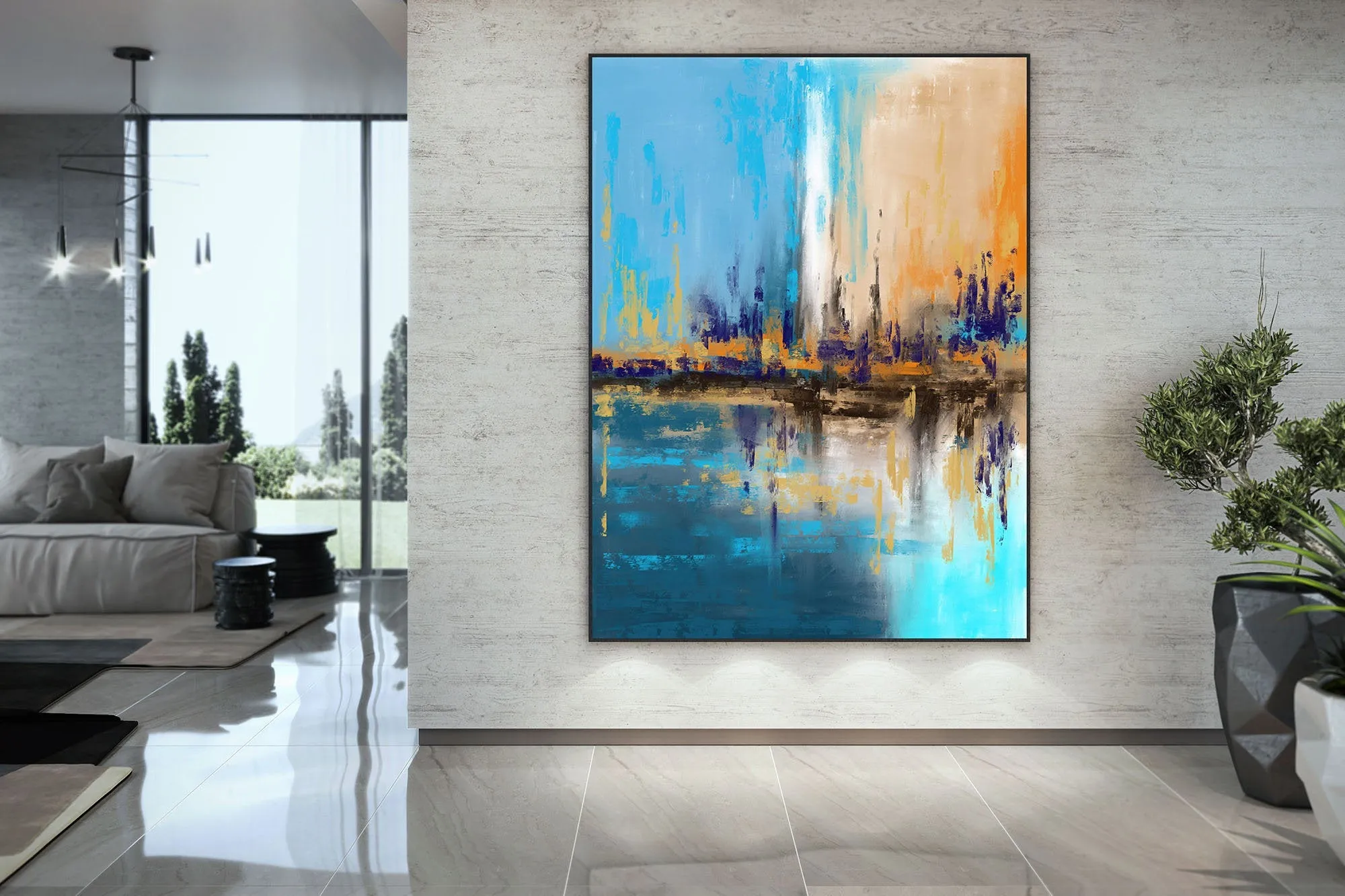 Blue Yellow Beige Palette Knife Artwork Original Abstract Painting Qp039