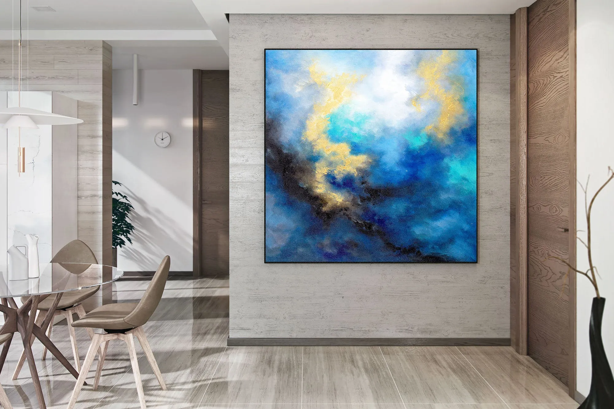 Blue Yellow Gold Abstract Original Painting On Canvas Large Artwork Fp085