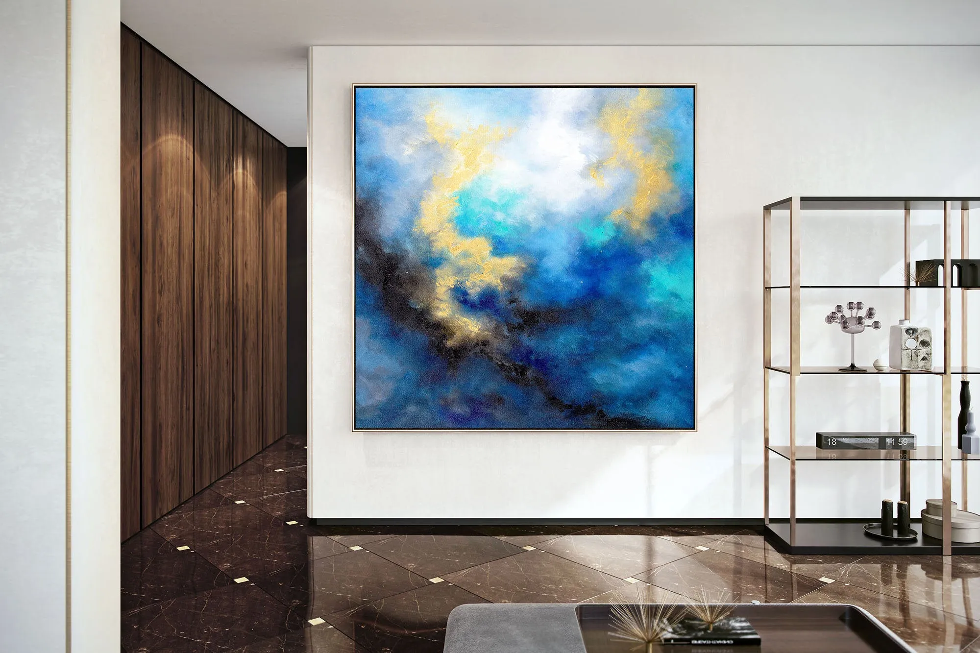 Blue Yellow Gold Abstract Original Painting On Canvas Large Artwork Fp085