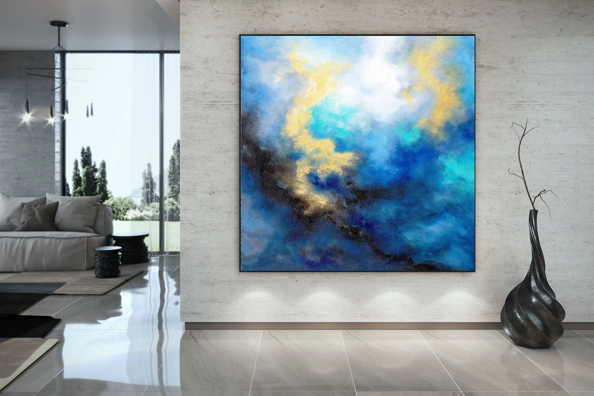 Blue Yellow Gold Abstract Original Painting On Canvas Large Artwork Fp085