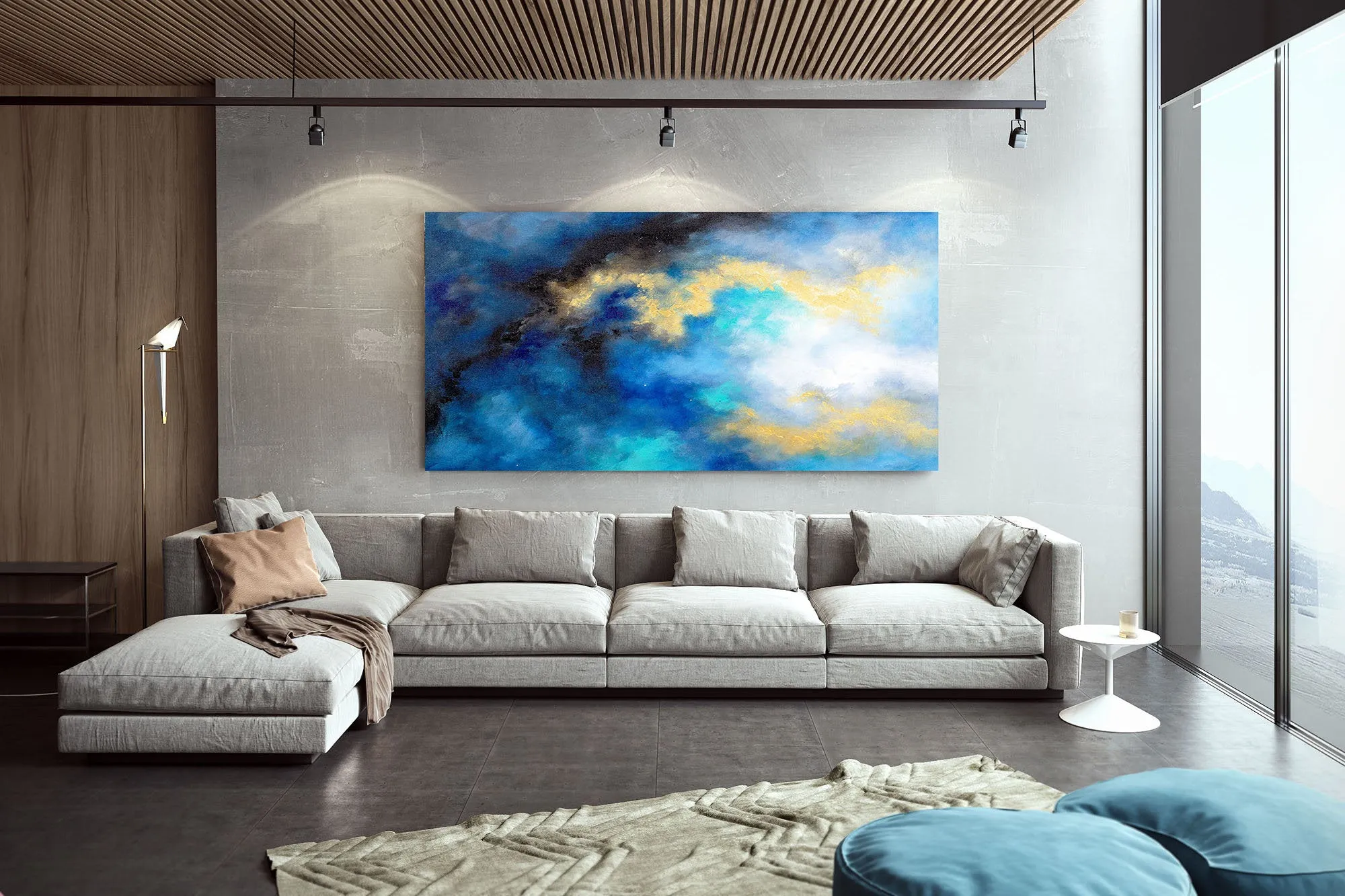 Blue Yellow Gold Abstract Original Painting On Canvas Large Artwork Fp085