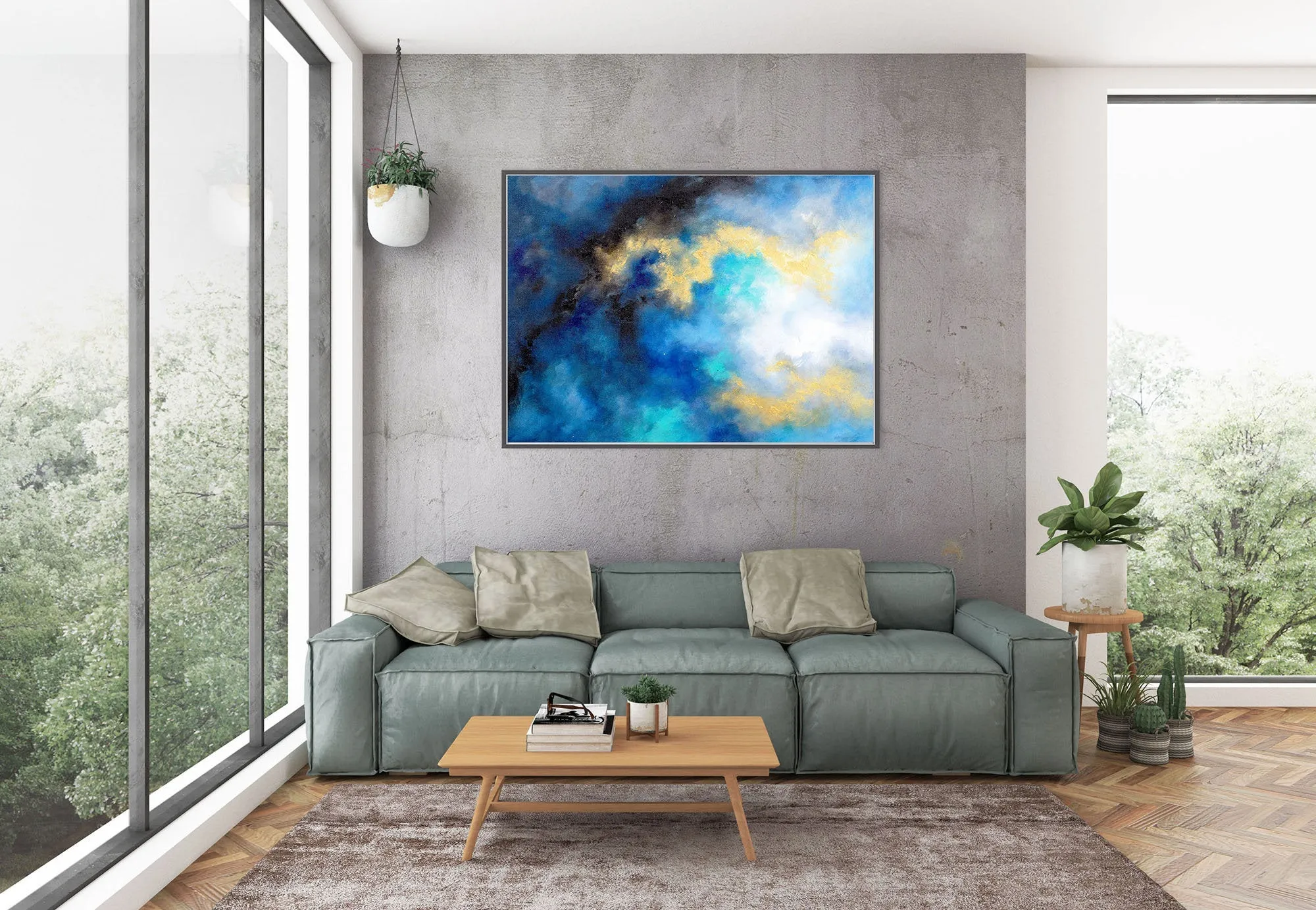 Blue Yellow Gold Abstract Original Painting On Canvas Large Artwork Fp085