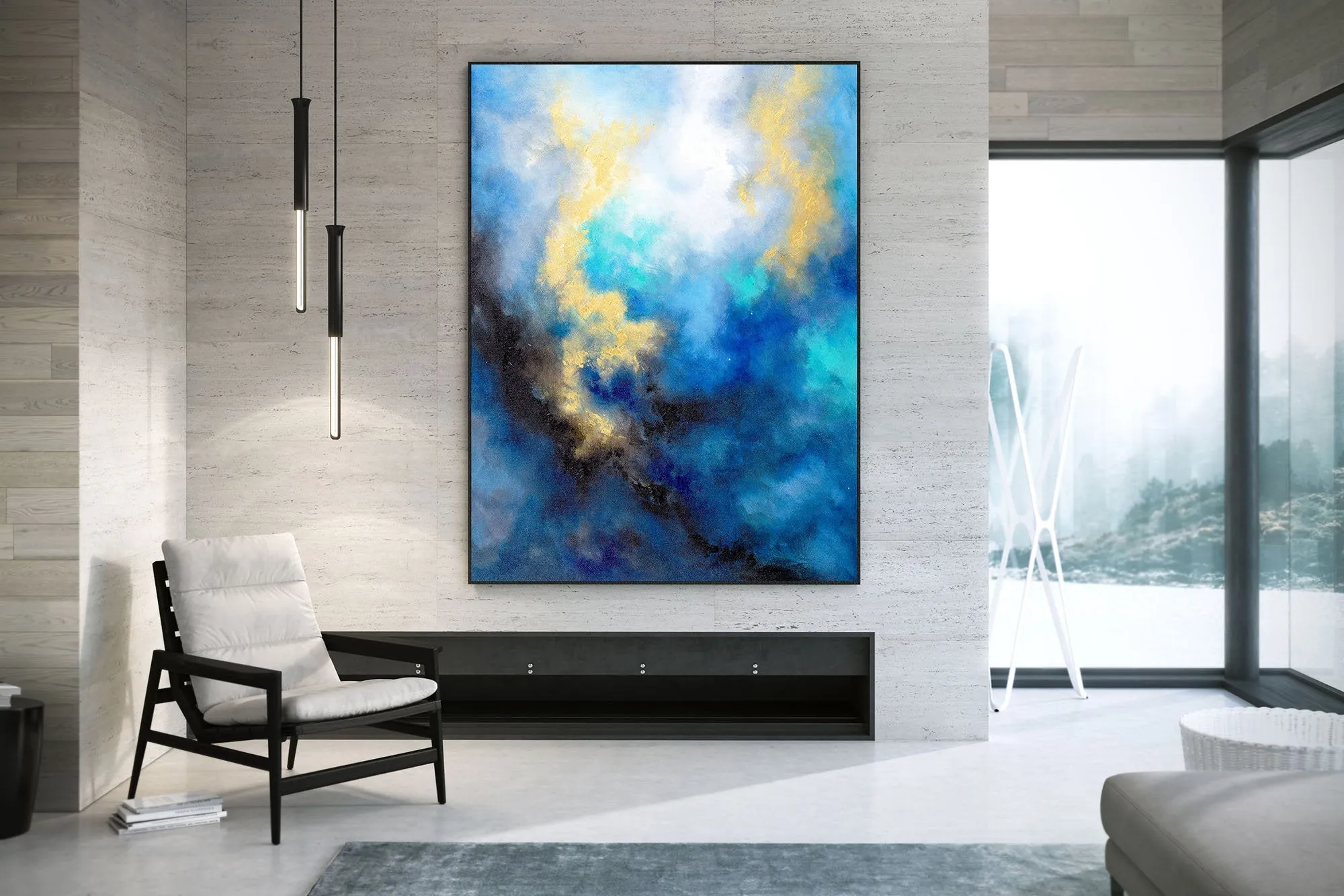 Blue Yellow Gold Abstract Original Painting On Canvas Large Artwork Fp085