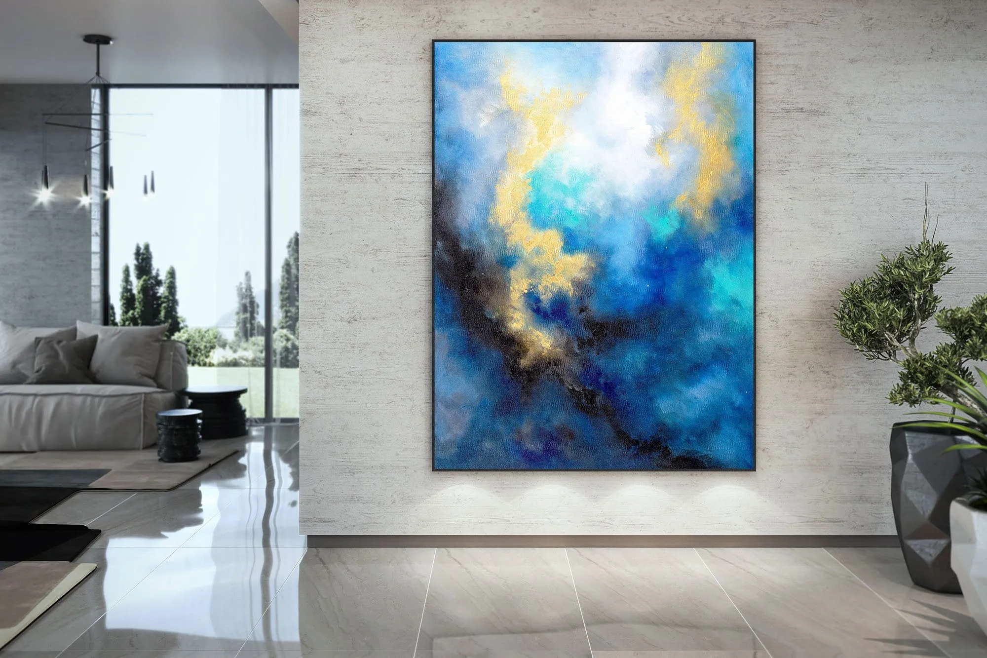 Blue Yellow Gold Abstract Original Painting On Canvas Large Artwork Fp085