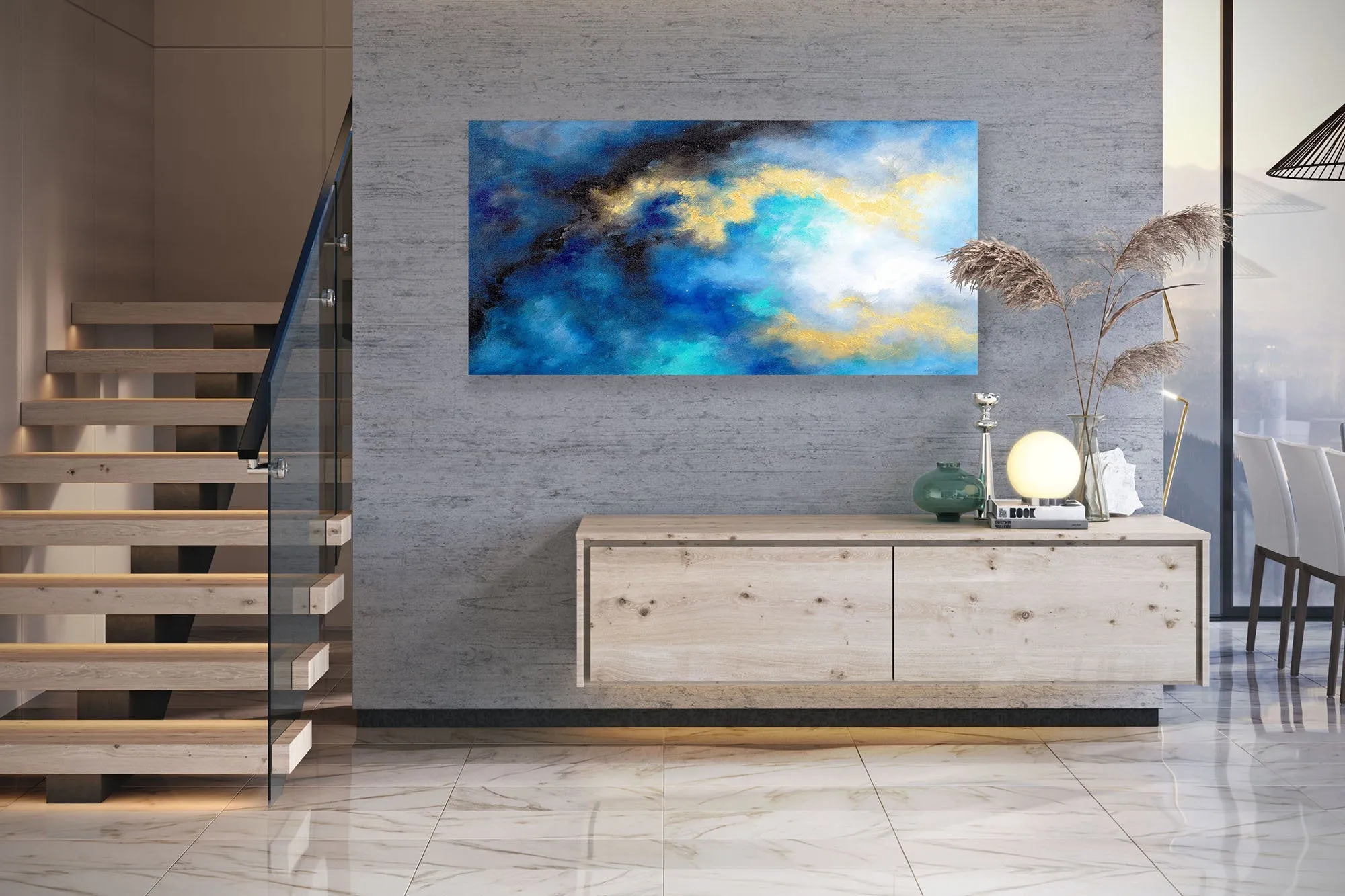 Blue Yellow Gold Abstract Original Painting On Canvas Large Artwork Fp085