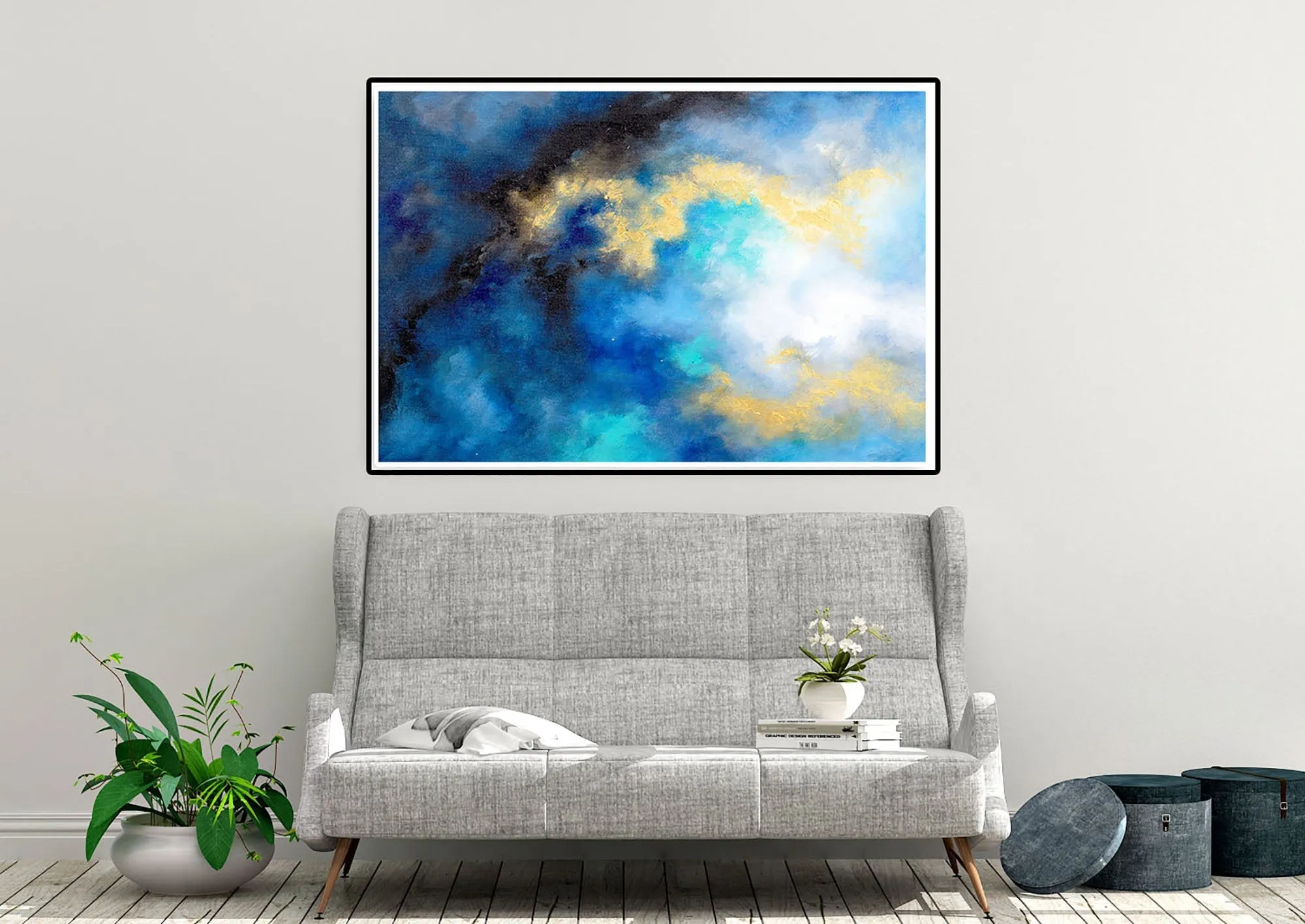 Blue Yellow Gold Abstract Original Painting On Canvas Large Artwork Fp085