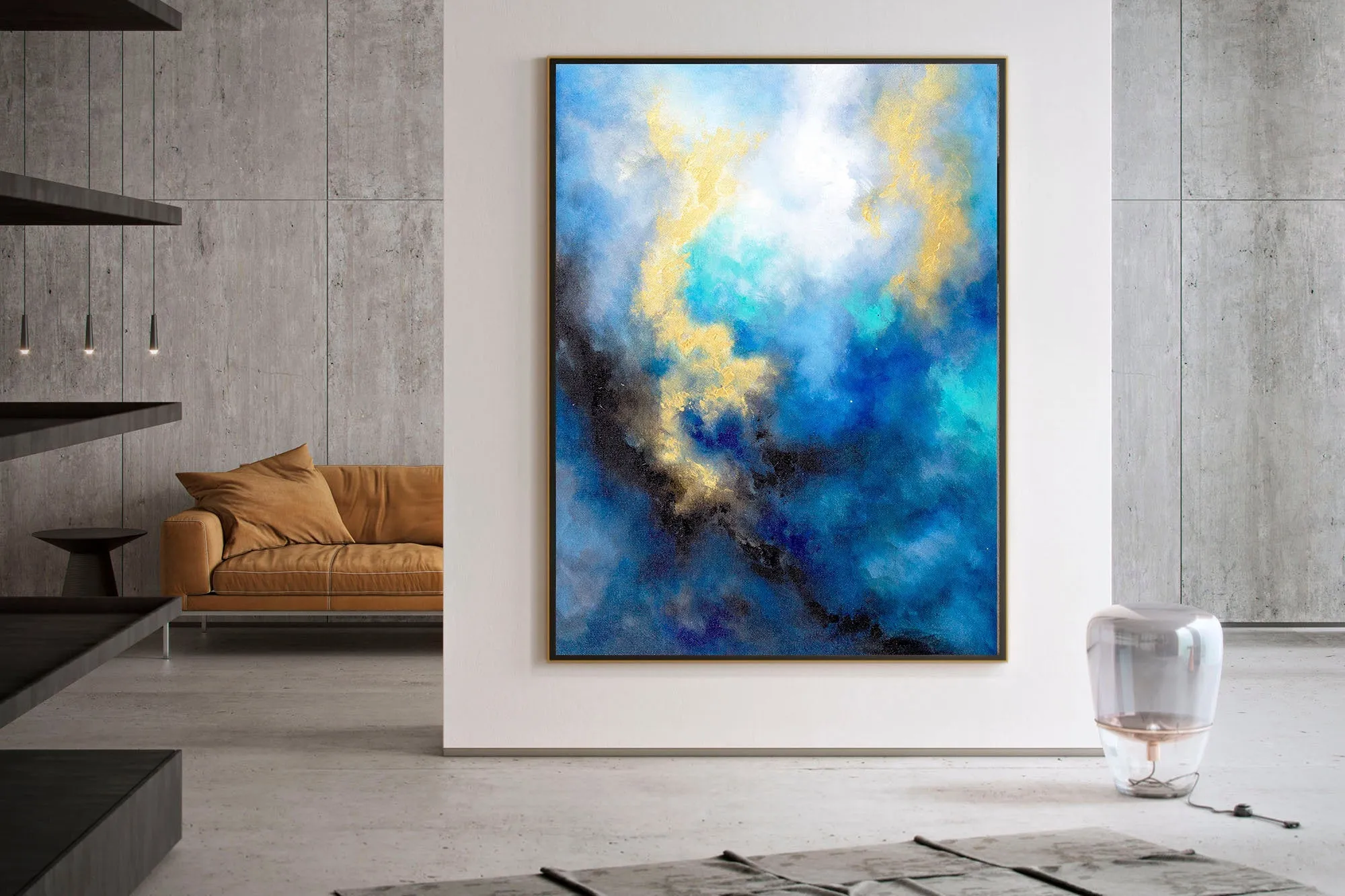 Blue Yellow Gold Abstract Original Painting On Canvas Large Artwork Fp085